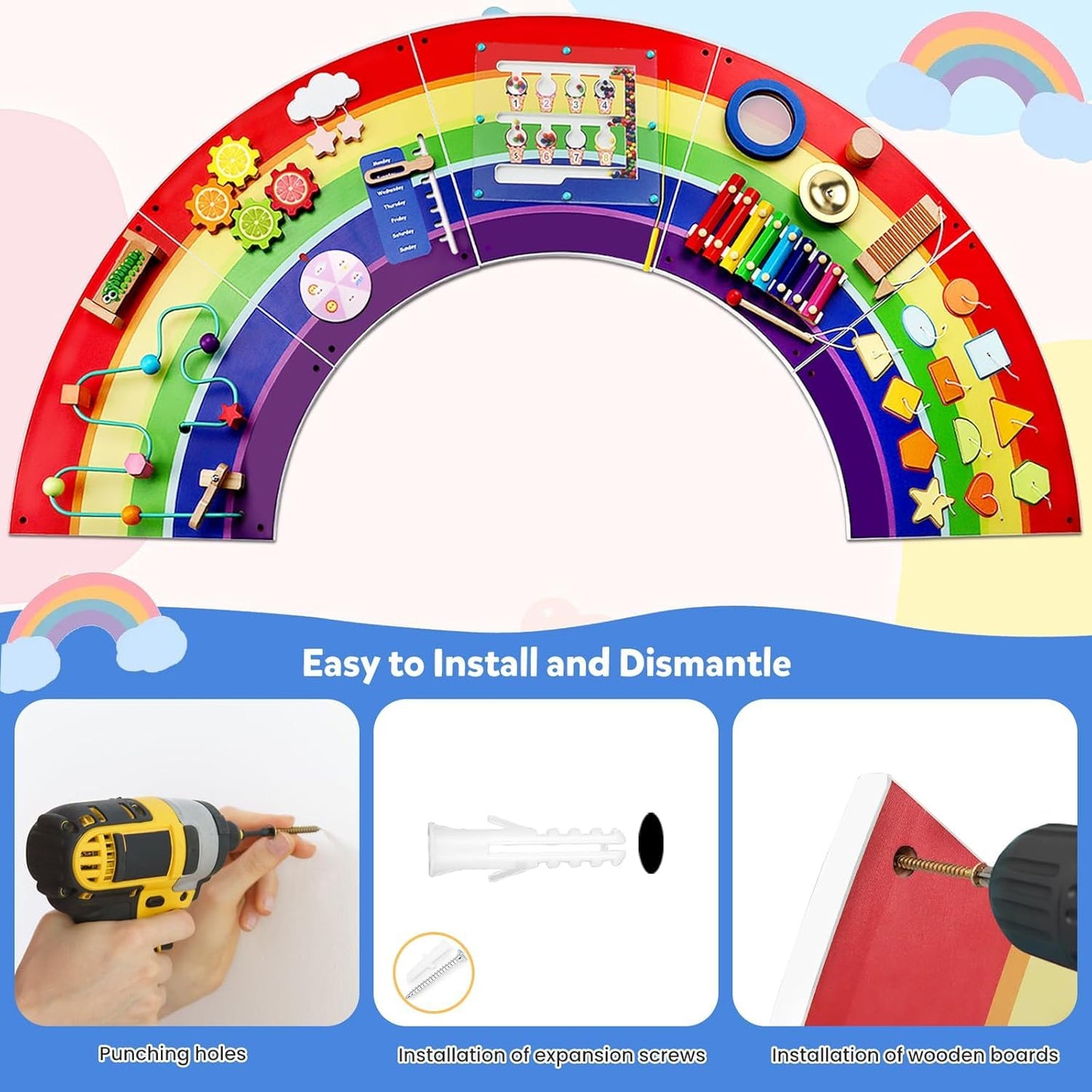 Sinpedex Rainbow Wall Busy Board for Kids: Wooden Montessori Activity Panel | 13-in-1 Sensory Learning Toys for Fine Motor Skills - Playroom & Nursery Essentials for Toddlers