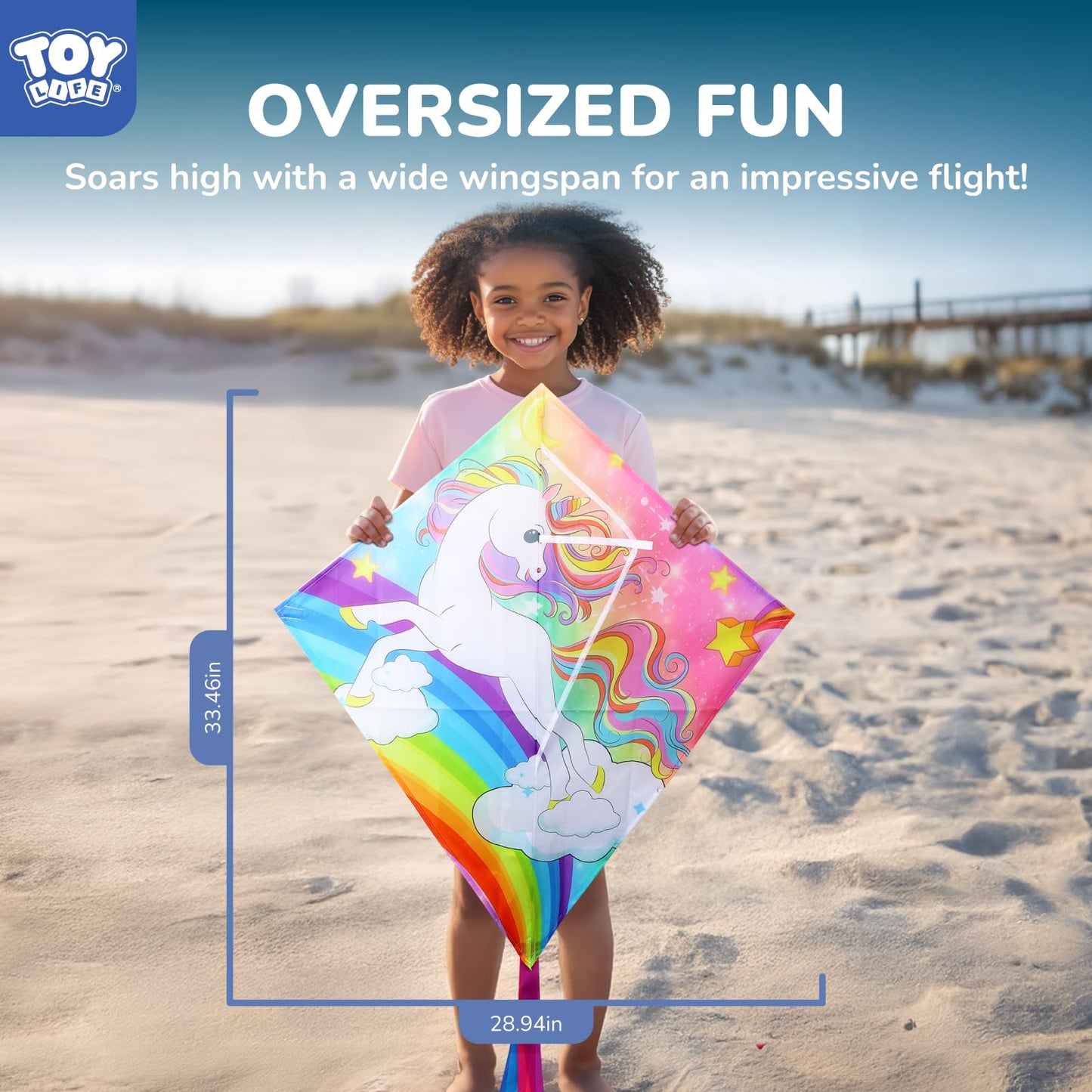 TOY Life Pink Unicorn Kite for Kids – Large Easy to Fly Beach Kite with 50M String & Handle – Durable Nylon Outdoor Toy for Boys & Girls Ages 4-12 – Gift for Beach & Park Fun