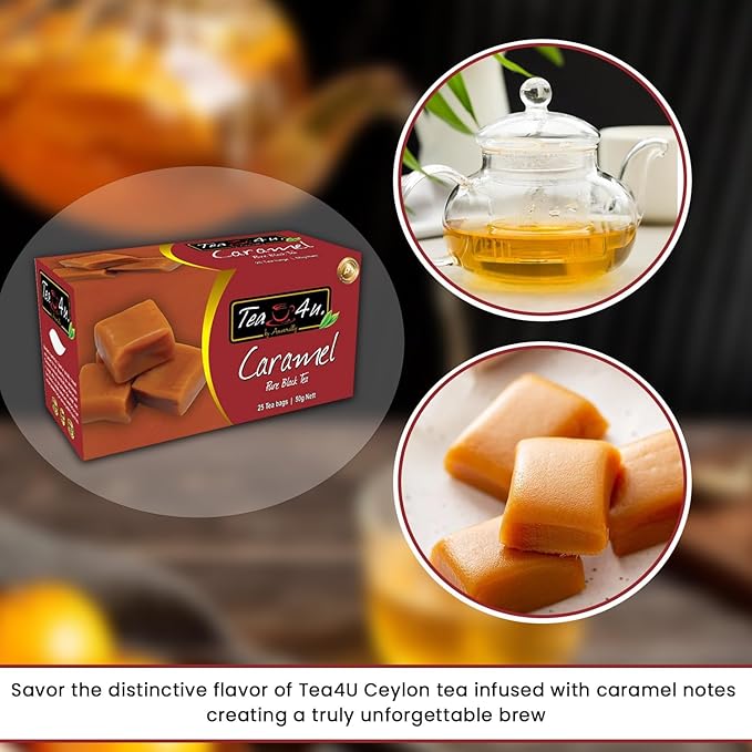 Tea4U Flavored Black Ceylon TeaBags (Caramel) - Ideal Quality from Sri Lanka's Finest Leaves and Expertly Blended - 25 Count