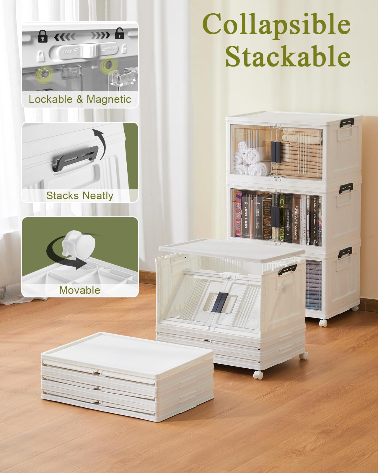 OlarHike 144QT Lockable Storage Bins with Lids - Folding Storage Cabinet with Doors and Wheels, Collapsible Plastic Box for Closets, Office, Stackable Organizer and Containers, Gifts, 3 Pack Cubes