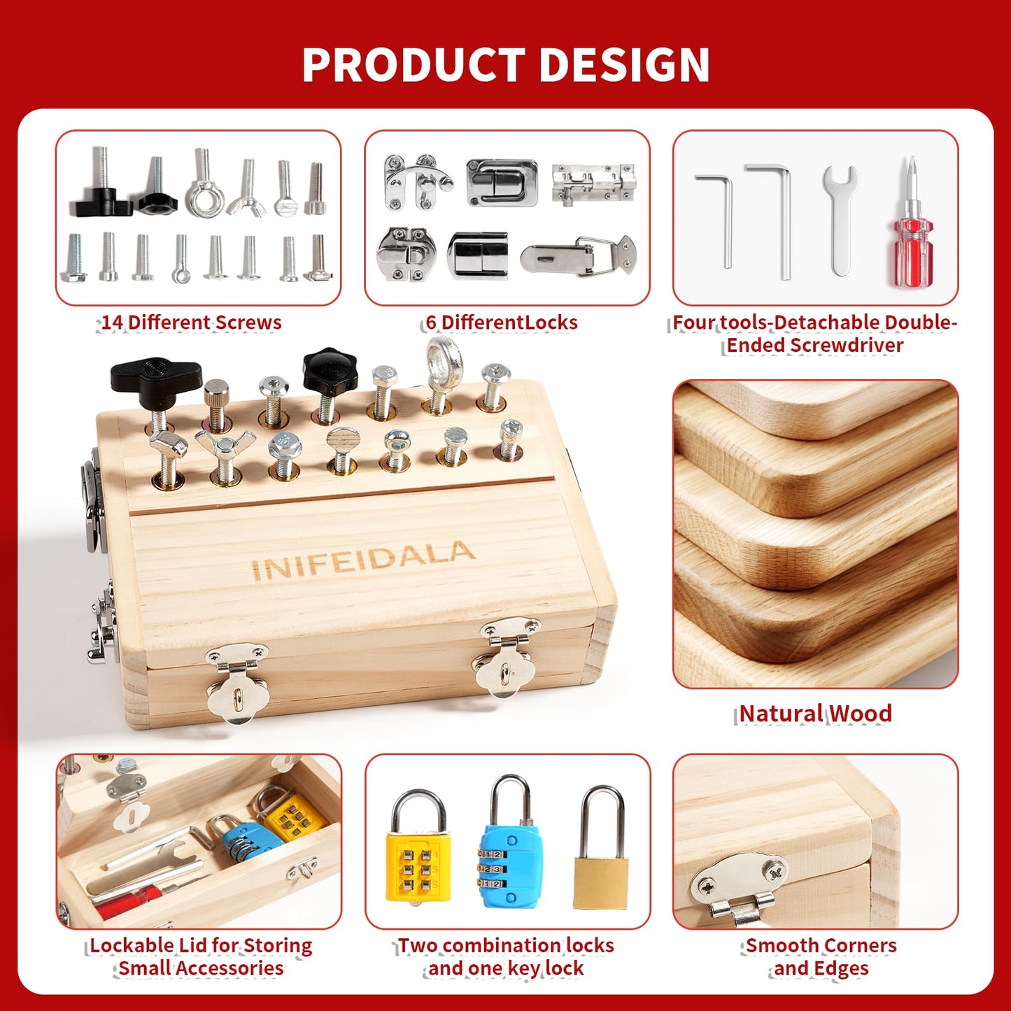 INIFEIDALA Montessori Busy Board for Toddlers Ages 3+ - Wooden Sensory Activity Board with Locks Keys & Screwdriver Tool Set - Educational STEM Learning Toy for Fine Motor Skills Development