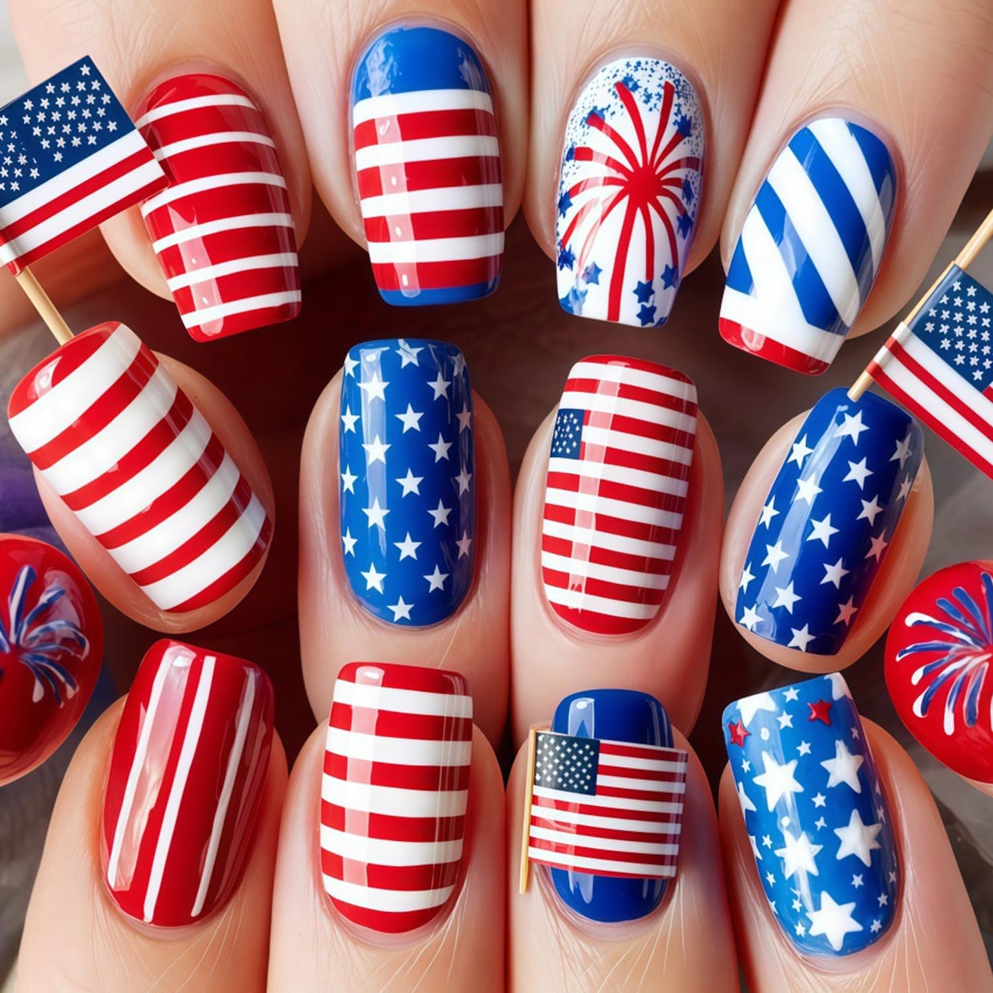 4th of July Press on Nails Medium Square Fake Nails American Flag with White Stars Acrylic Nail Independence Day Stick on Nail Reusable Glue on Artificial Fingernails for Women Holiday Manicure 24Pcs