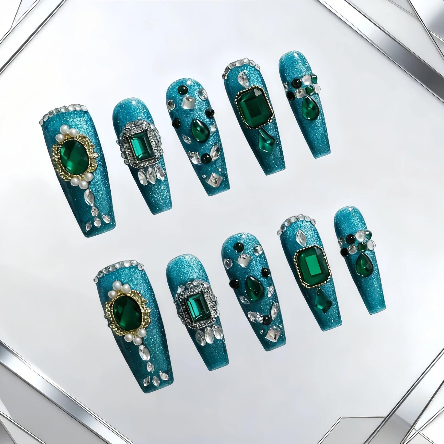 Tesytto Handmade Press on Nails Long Coffin - Emerald Green Luxury 3D Crystal Rhinestones Design, Salon Quality Reusable Fake Nails, Elegant False Nails for Women(Emerald Green Sparkle,S)