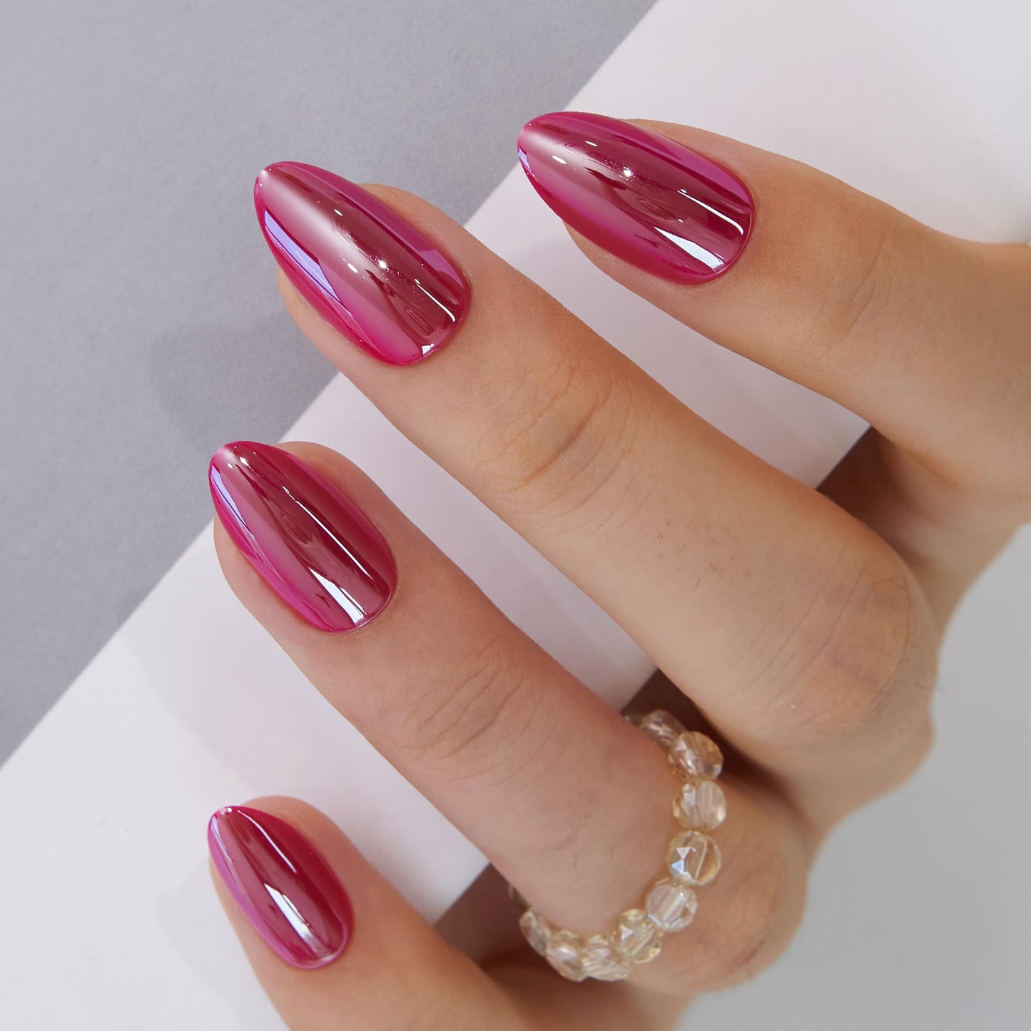 CurvLife 30pcs Press on Nails, Acrylic Fake Nail with Apricot Design, Full Cover False Nails Tips Glossy Nude Glue on Nails Artificial Stick on Nails for Women (fuchsia chrome nails, Medium)
