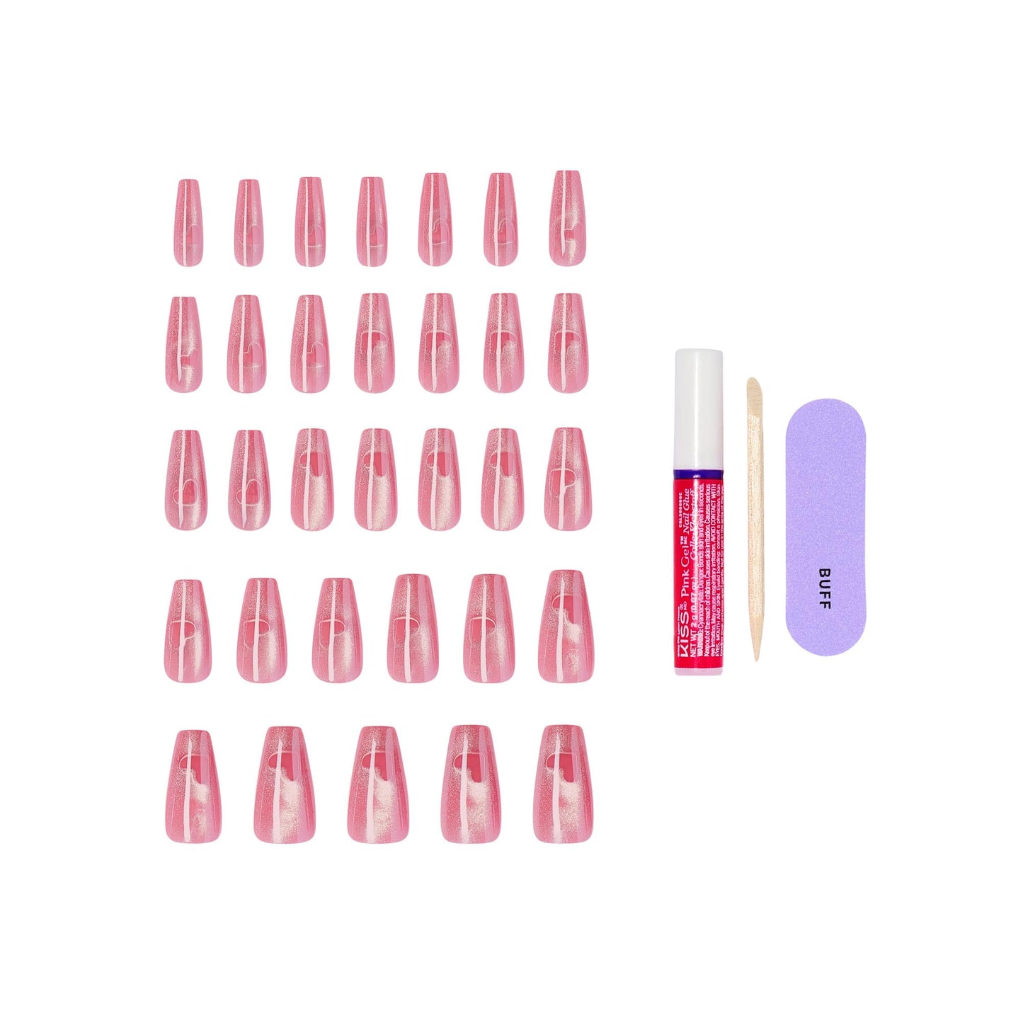 Kiss Glam, Press On Nails, Nail glue included, 'Pink Sugar', Pink, Long Size, Coffin Shape, Includes 32 Nails, 2g Glue, 1 Manicure Stick, 1 Mini File