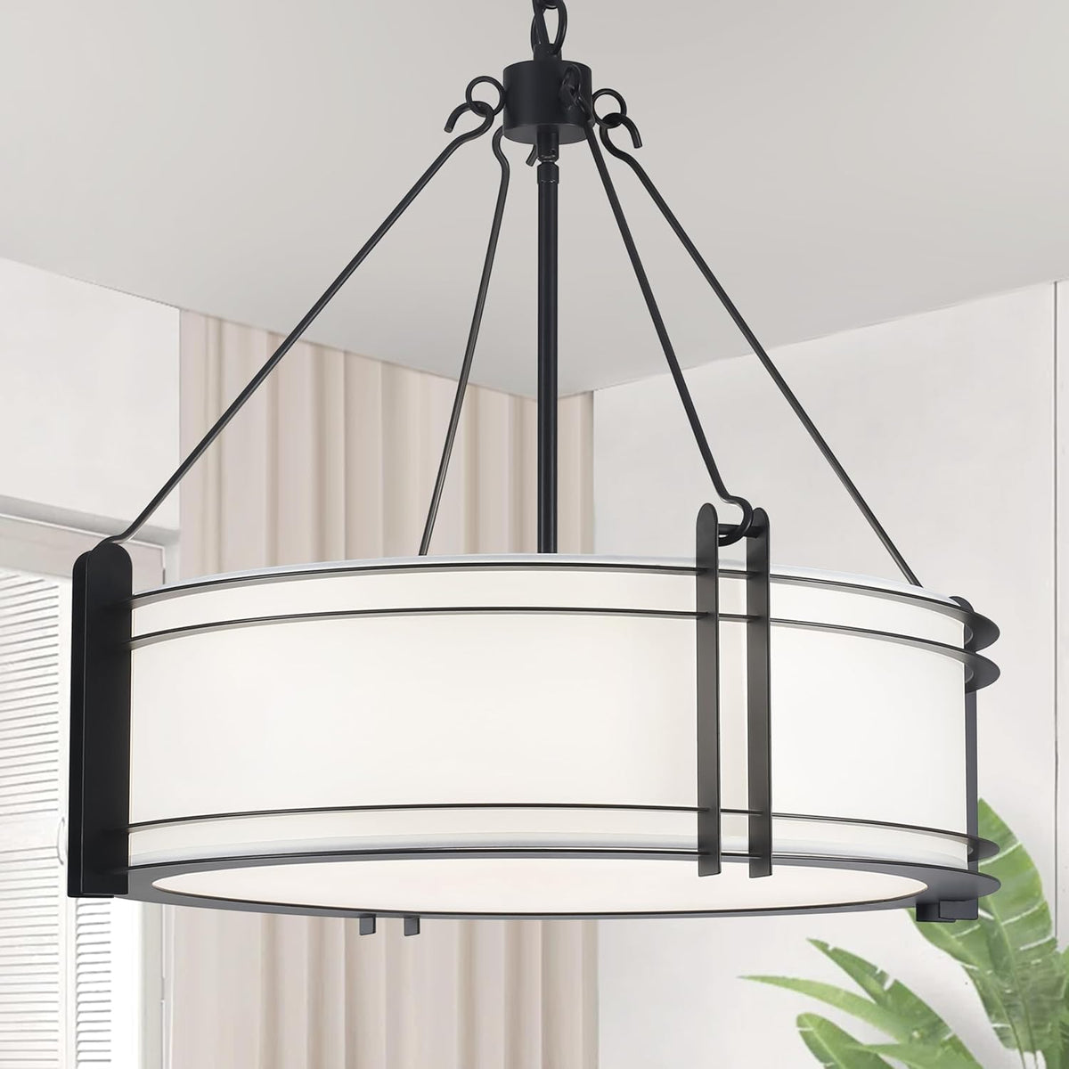 20.4''Drum Chandelier,5-Light Fabric Modern Chandeliers,Black Farmhouse Round Pendant Light Fixture for Dining Room Kitchen Island Living Room Bedroom Hallway