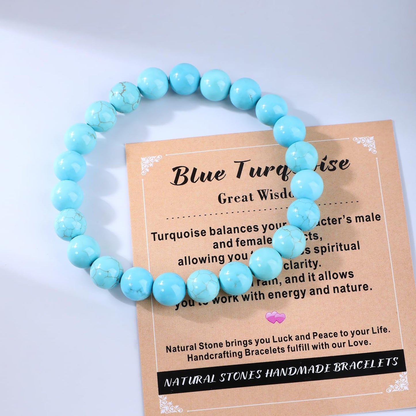 AD Beads 8mm Handmade Blue Turquoise Elastic Bracelet – Natural Gemstone for Great Wisdom – Meditation, Yoga, Healing and Energy Gift for Men Women