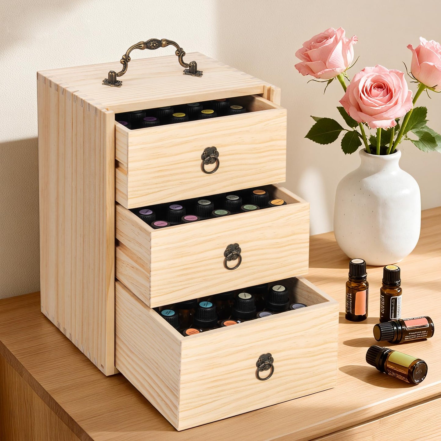 TORIBIO Essential Oil Storage Box for 60 Bottles, Wooden Essential Oils Holder Organizer Holds 5-30ml for Young Living & Doterra Bottles