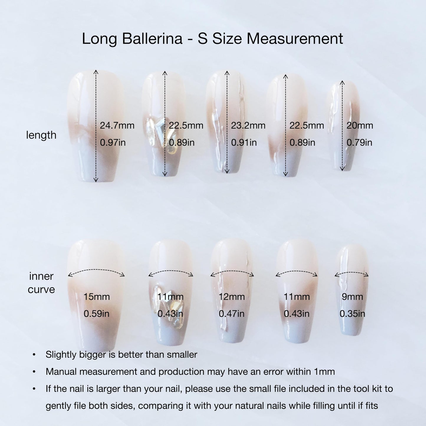 GLORS Ombre Press On Nails, Long Ballerina Style, Nude to Gray with Gold Accent, Handmade False Nail 10 Pieces (Small,LB)