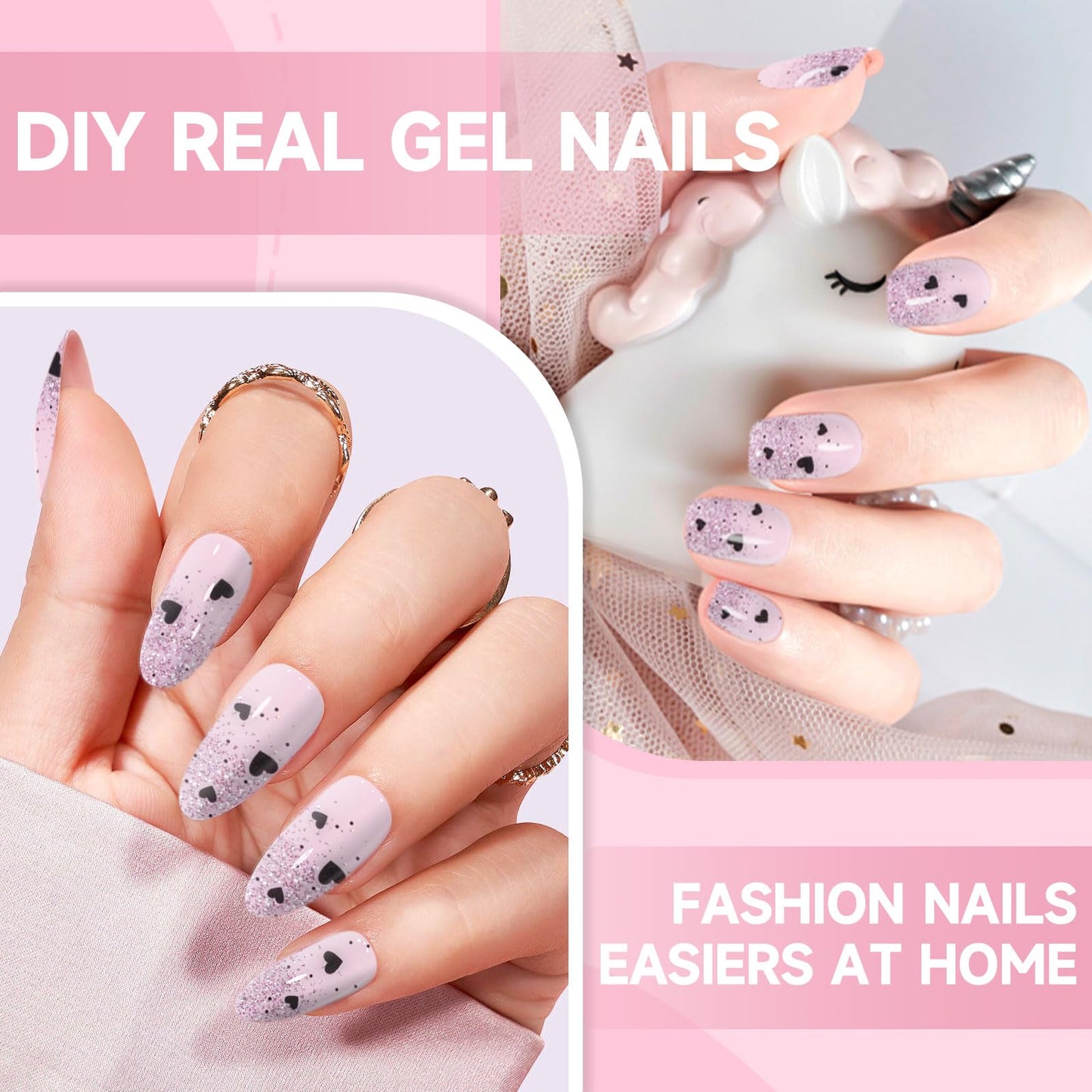 DUKASOU Semi Cured Gel Nail Strips,28 Pcs Heart Gel Nail Stickers/Wraps,Long Lasting Polish Stickers UV Light Requried,Easy to Apply for Dating,Wedding,Holiday