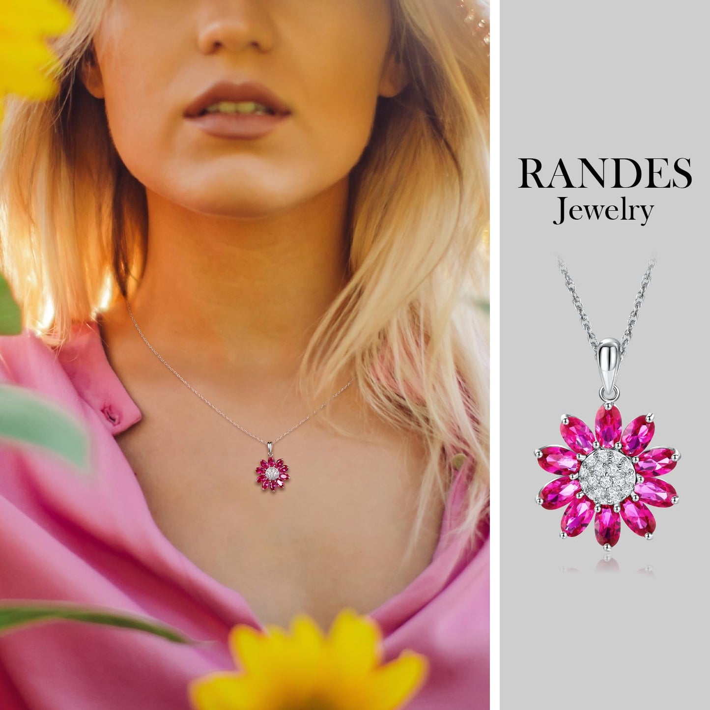 RANDES July Birthstone Necklace Ruby Sunflower Necklaces for Women 925 Sterling Silver Dainty Red Stone Pendant Necklace