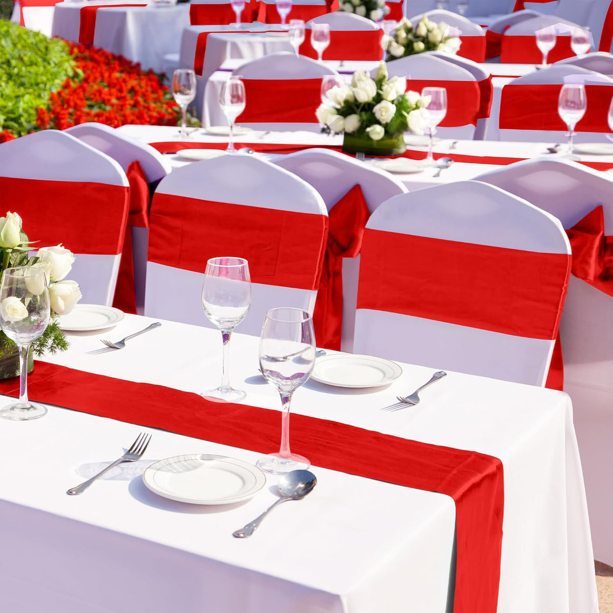 Aneco 12 Pack Satin Table Runner 12 x 108 Inch Red Long Wedding Satin Silk Table Runner for Wedding Banquet Graduations Birthday Party Decoration