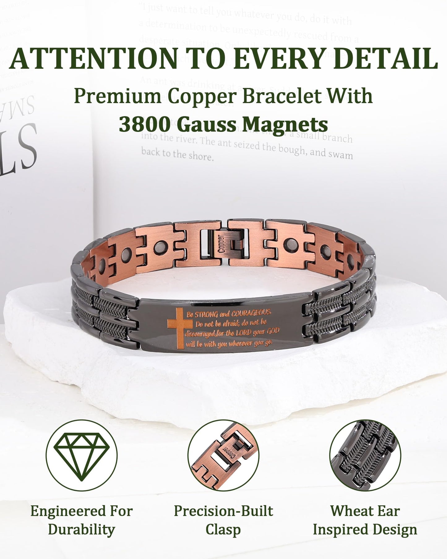 Fashtour Copper Cross Bracelet for Men, Ultra Strength Magnetic Jewelry, Rice-Ear Design Adjustable Copper Biblical Cross Bracelet with Sizing Tool & Box (Black-Joshua 1:9)