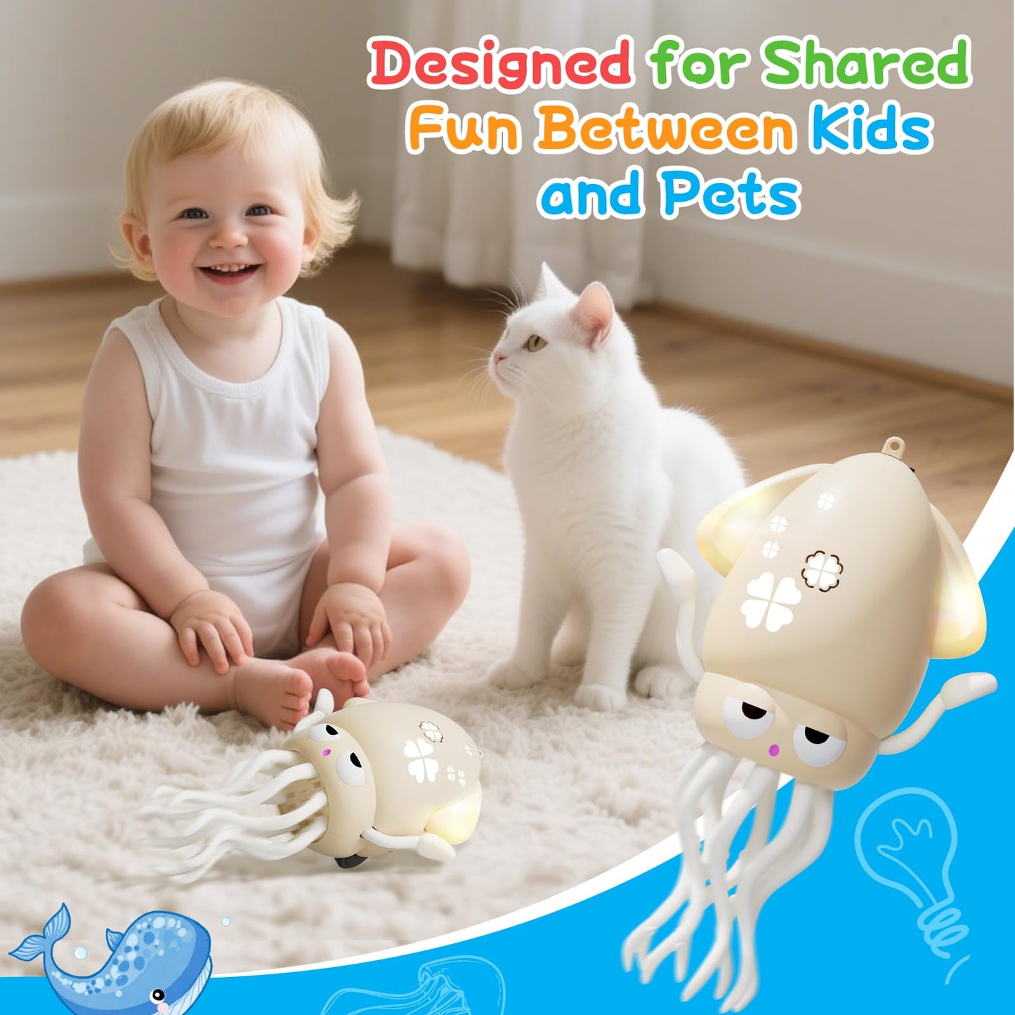 WAYPIN SION Crawling Dancing Octopus Toy for Kids – Rechargeable Interactive Sensory Toy with LED Lights & Music, Fun Tummy Time Gift for Birthdays & Holidays (Off-White)