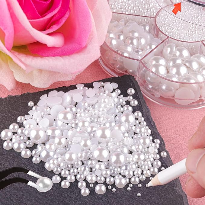 Nail Art Flat Back Half Round Pearl Kits 7, 1 Box of 2400 Pcs Flat-Back White Pearl with Tweezer and Picker Pencil for Home DIY Nails Body Face Craft and Salon Use