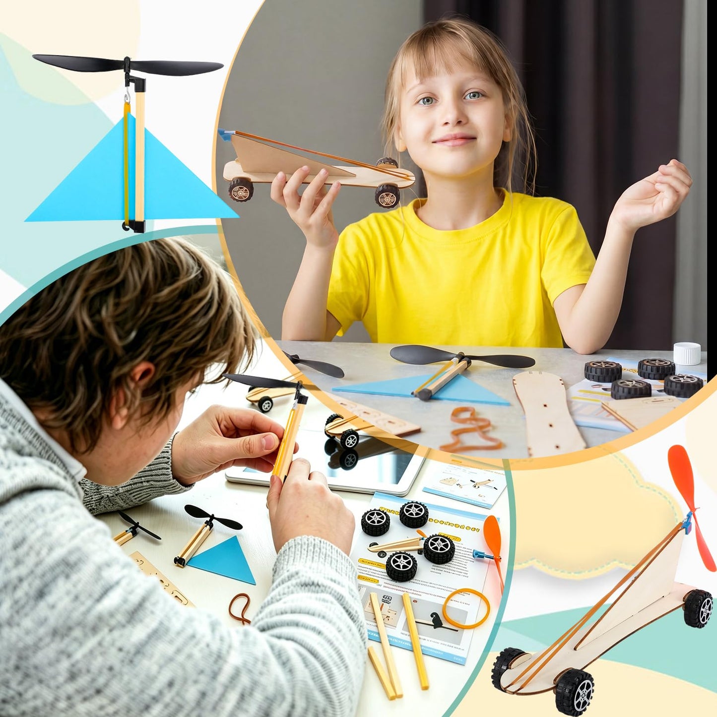 Teyva Daily 24 Set Rubber Band Helicopter and Propeller Car Kit DIY Bulk Stem Crafts Project with Complete Materials and Instructions for Science Fair, Group Activities