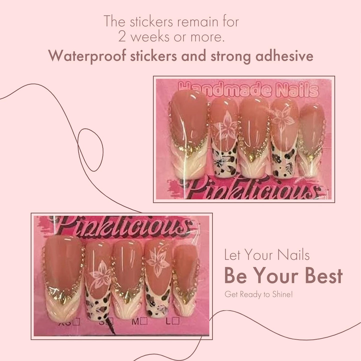 Pinklicious Handmade Pink French Tip Press On Nails, Long Reusable False Nails with Glitter Accent, Floral & Leopard Print Decorative Fake Nails for Women (L)