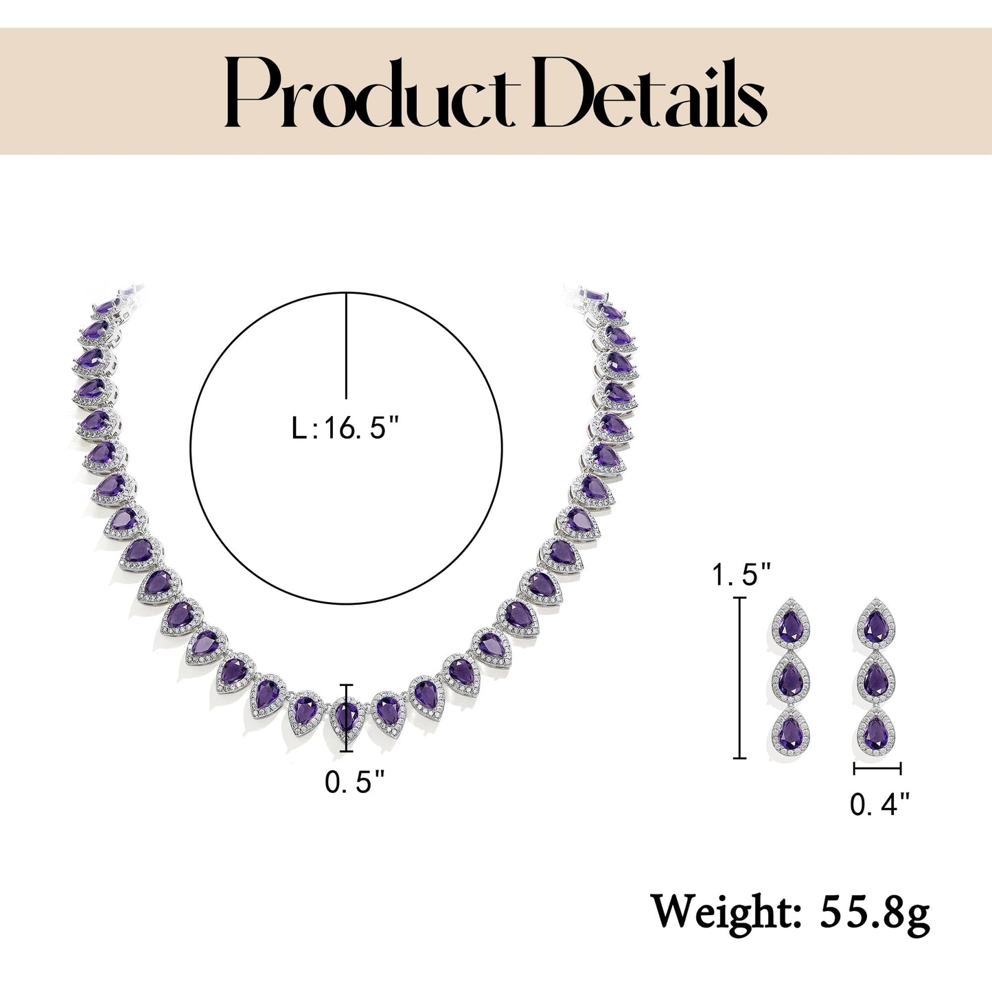 EleQueen Women's Wedding Bridal Full Prong Cubic Zirconia Teardrop Necklace Earrings Set for Brides Bridesmaids Amethyst Color