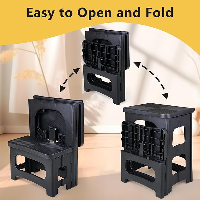 Amoise Folding 2-Step Stool, Non-Slip Portable Footstool 8'' & 17'' Dual Heights, Holds 300 lbs, Portable Footstool for Kitchen Home Toilet Bedroom Office Bathroom RV(Black)