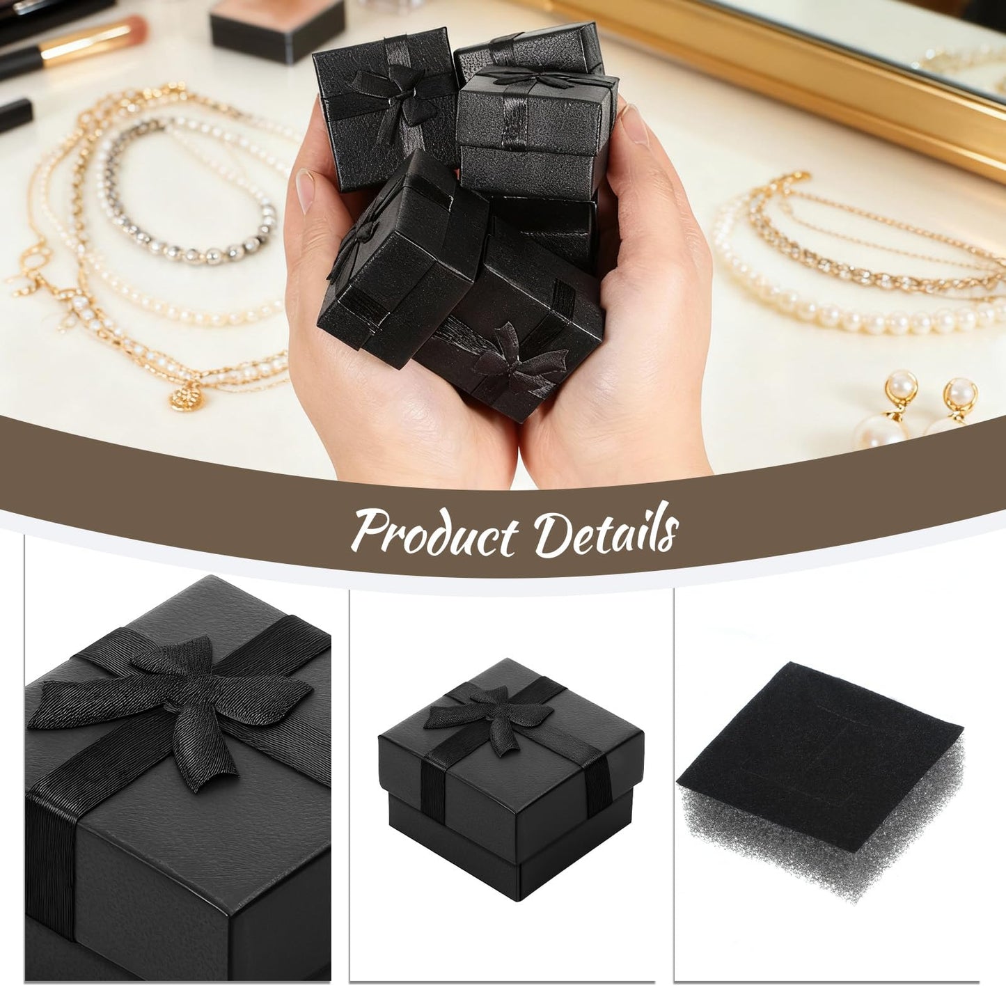 Lyksgir 72 Pcs Ring Boxes Bulk, 1.5 x 1.5 In Hard Cardboard Jewelry Box with Ribbon Bow, Cardboard Ring Gift Box Set with Bow Square, for Jewelry Organization, Gift Giving & Special Events(Black)