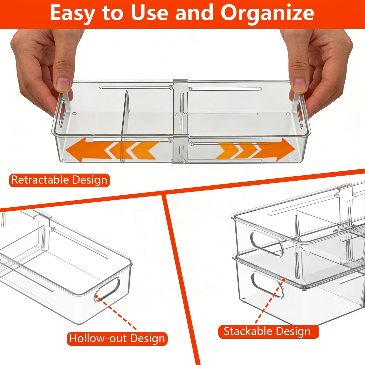 REBECAT 4 Pcs Expandable Clear Drawer Organizers, Adjustable Drawer Organizer Bins with Dividers, makeup organizer for drawer, drawer organizer bathroom for Vanity, Junk Drawer & Office