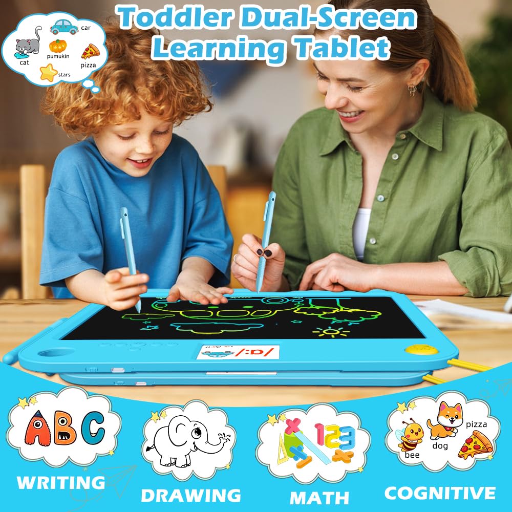 16 Inch LCD Learning Tablet Autism Toys forvalentines Day Gifts Kids 5-7 Dual-Screen Pad with 9 Learning Themes,Rechargeable Erasable Board Extra Stylus Lock Switch for Travel Home School