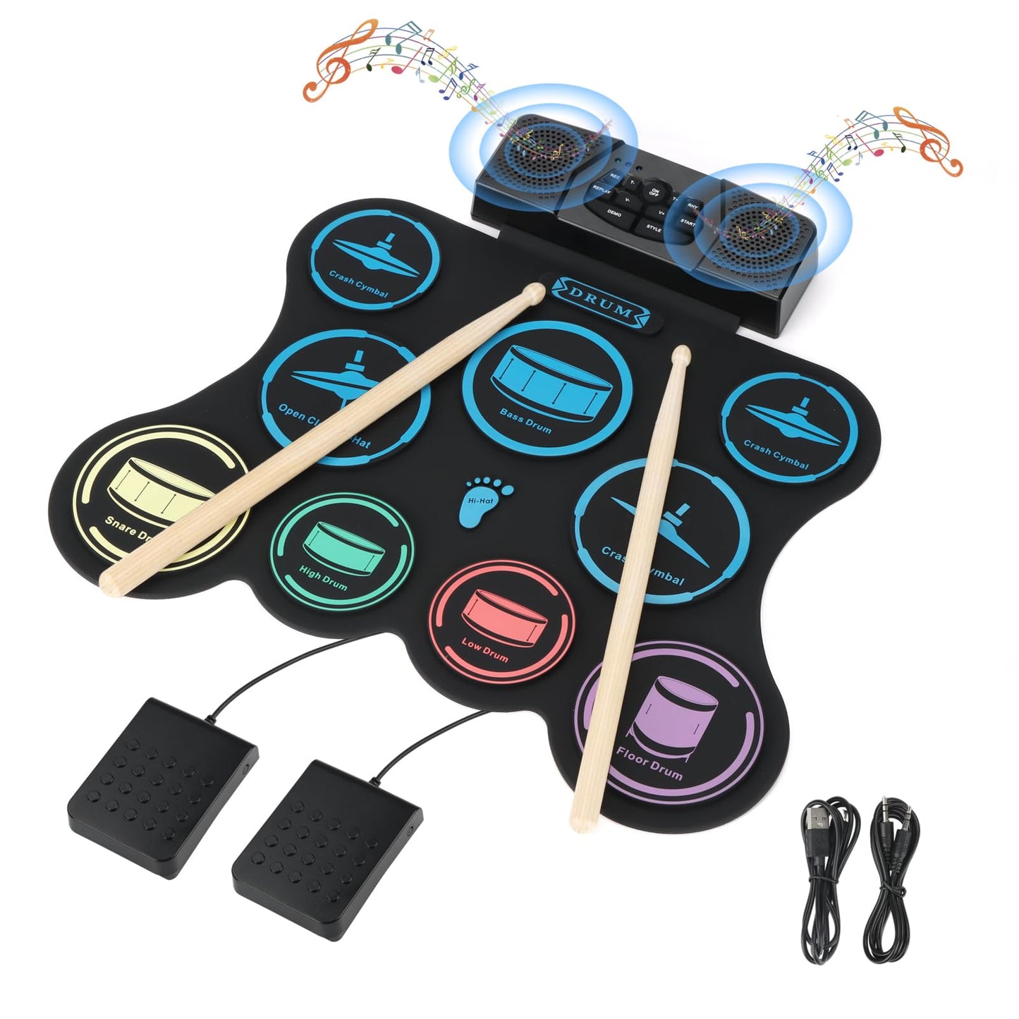 Electric Drum Set, 9 Pads Kids Drum Set, Roll-up Practice Drum Pad with Headphone, MIDI, Built-in Dual Stereo Speakers Drum Sticks Foot Pedals 10 Hours Playtime (9 pad Dual Stereo Speakers)