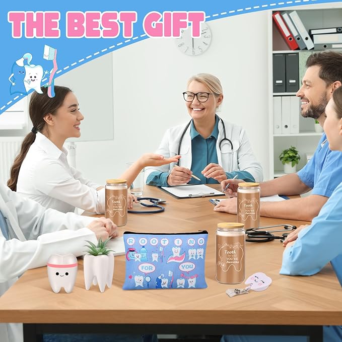 Pickmesh 6 Pcs Dental Gifts Dentist Assistant Hygienist Gifts 16 oz Glass Cups with Lid Makeup Bag Socks Badge Holder Tooth Brush Pot for Women Coworkers Doctor Nurse Christmas Accessories(Gray Blue)