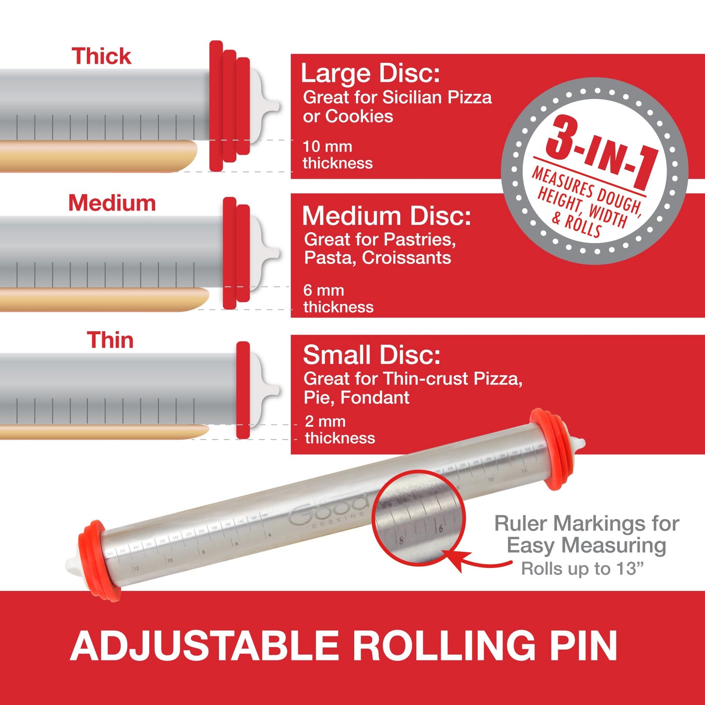 Adjustable XL Pastry Rolling Pin w/ 3 Spacer Rings- Adjust Dough Height for Consistent Thickeness- Heavy Duty NonStick Stainless Steel French Roller 17" Barrel- Bake Easter Cookies, Bread, & Pasta