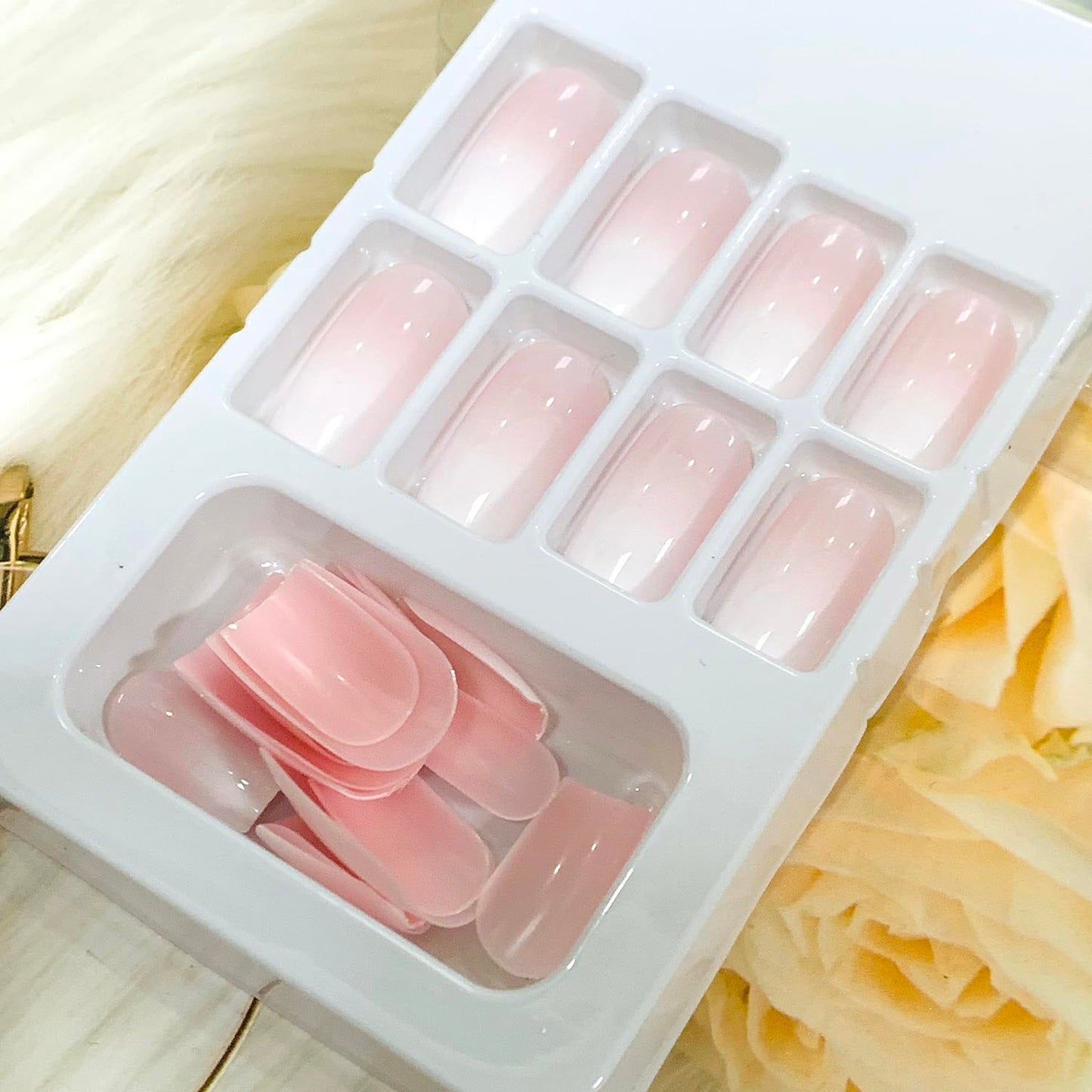 Pink Press on Nails Square Medium 24Pcs Glossy Full Cover Artificial French Tips Fake Nails with Designs Reusable Coffin Acrylic False Nails Glue Stick on Fingernails with Charm for Women