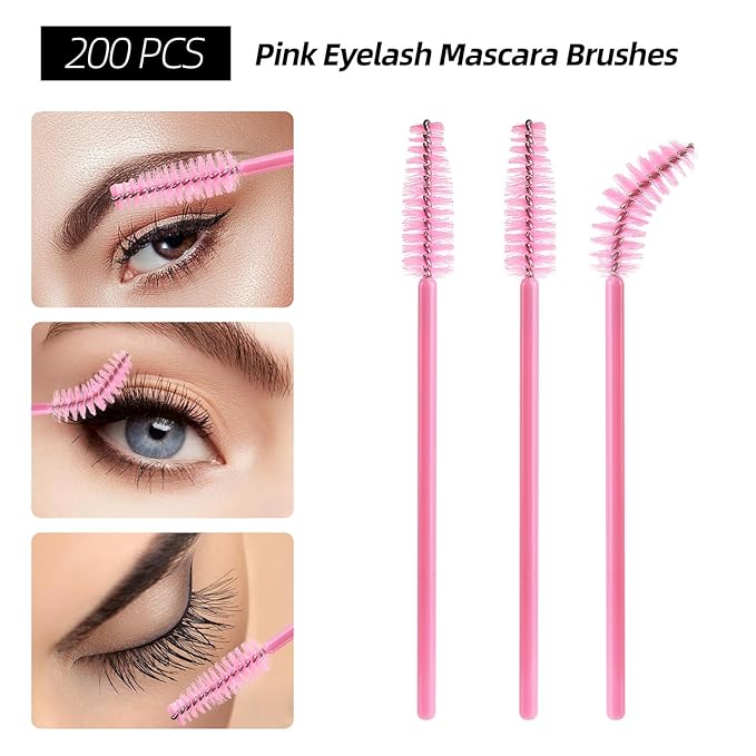 600 PCS Eyelash Extension Supplies Kit, 200 Spoolies Mascara Wands Disposable 200 Lip Brushes 200 Micro Swabs Pink Eyelash Brushes Makeup Applicator Tool