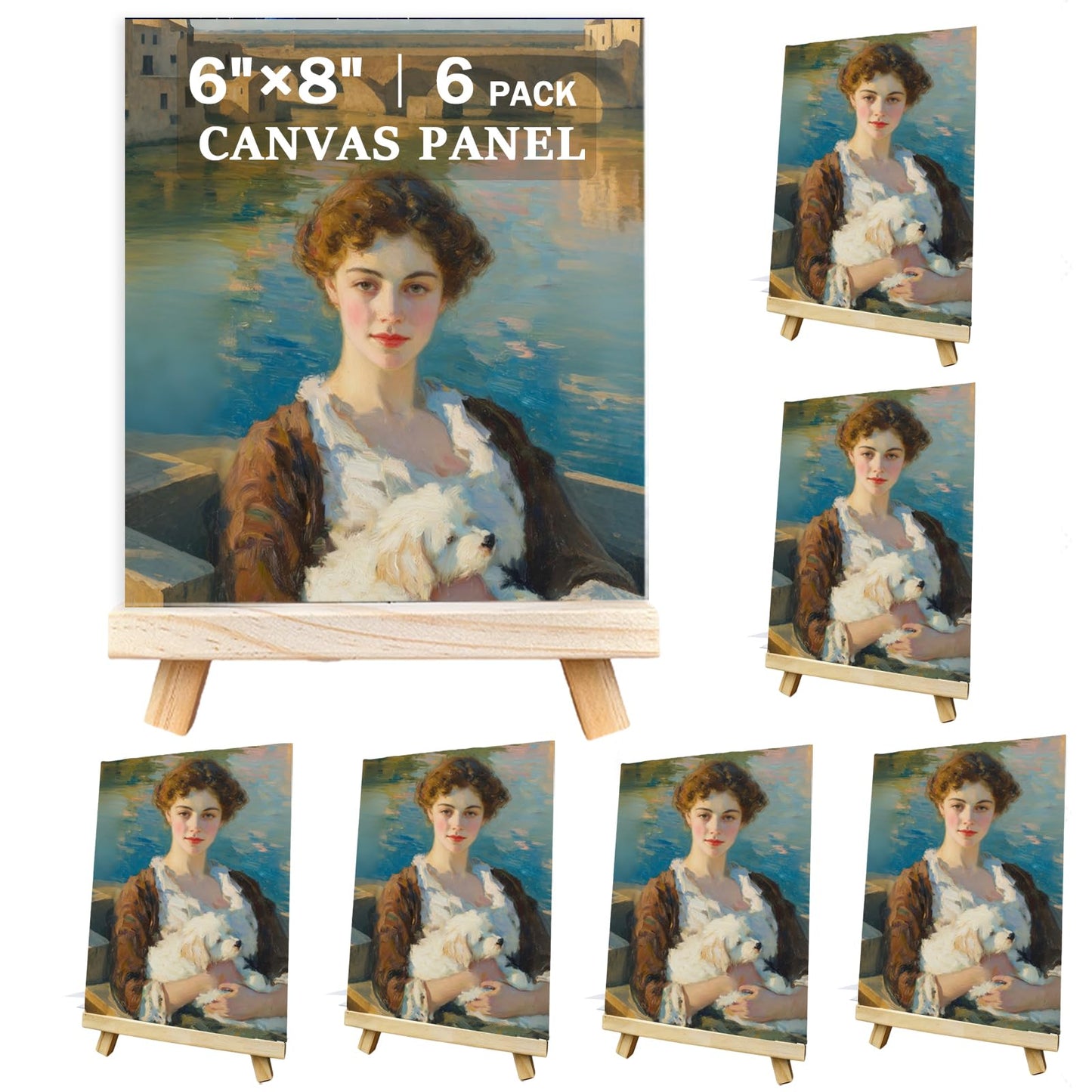 6 Pack Mini Canvas and Easel Set 6''x8'' Small Blank Canvas Boards with Pine Wood Easels - Beginner Painting Kit for Acrylic Oil Watercolor &Crafts - Ideal for Tabletop Display and DIY Art Projects