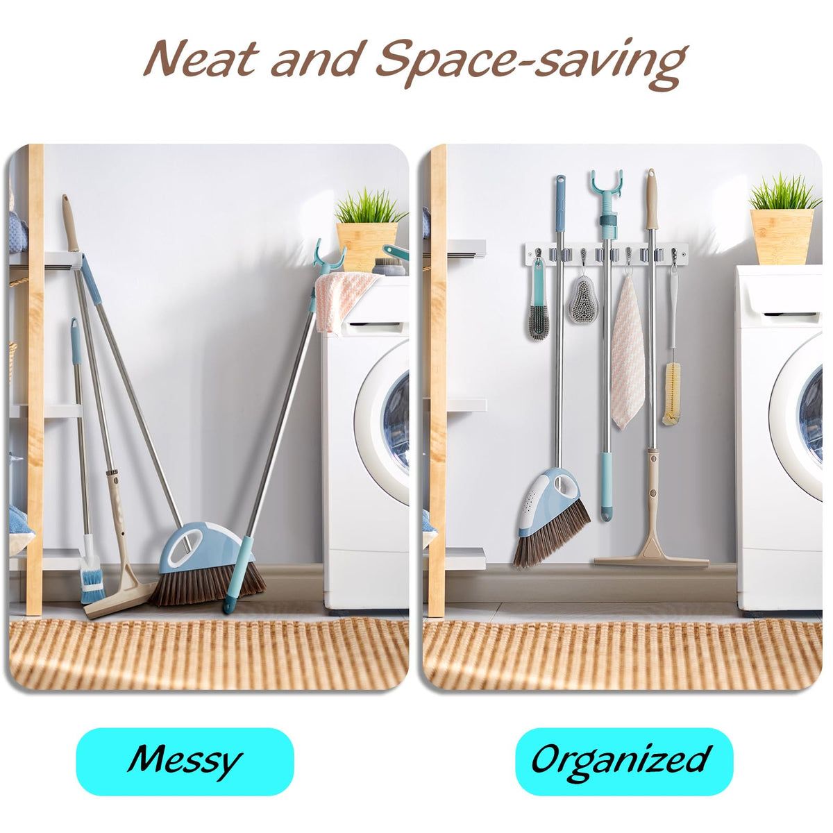 White Mop Broom Holder Wall Mount with 3 Slots & 4 Hooks