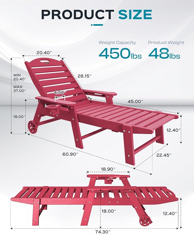 Ciokea Lounge Chair Outdoor, Oversized Chaise Lounge Chair with 5 Positions, HDPE, Patio Lounge Chair with Wheels & Cup Holder for Pool, Deck, Poolside, Red