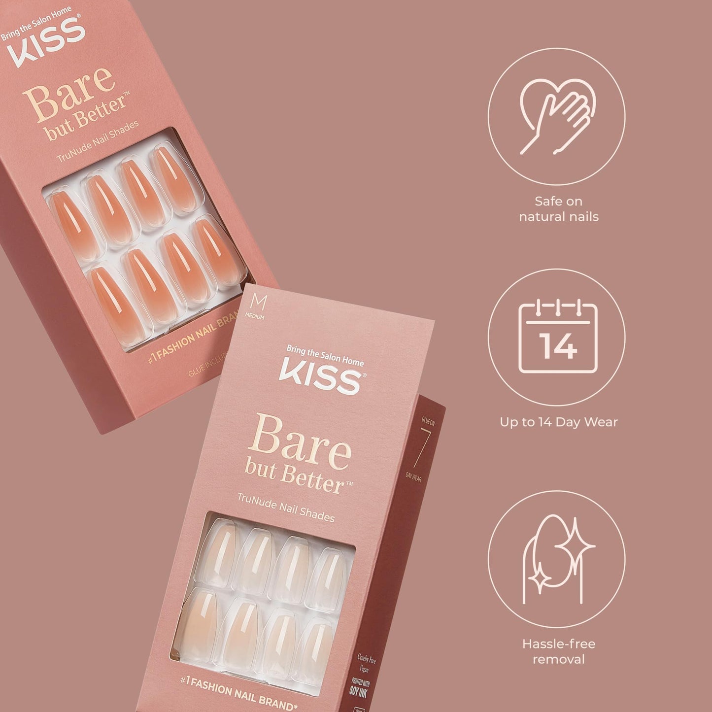 KISS Bare but Better Press On Nails, Glossy Pink, Short Length, Square Shape, 28 Fake Nails, Pink Gel Nail Glue Net Wt. 2g (0.07 Oz.), Mini Nail File, & Manicure Stick