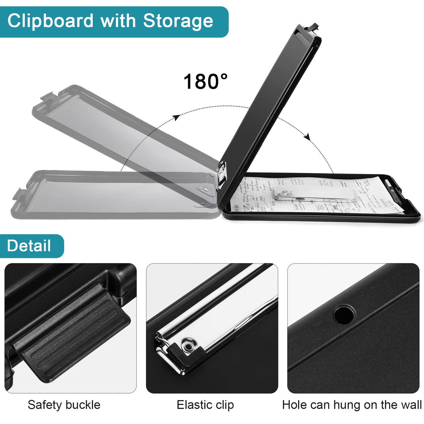 6 Pieces Clipboard with Storage, 9.5 x 13.5 Heavy Duty Plastic Storage Clipboard, Nursing Foldable Clip Board with Compartment and Metal Clip for Nurse Teacher Student Classroom Office (Black)