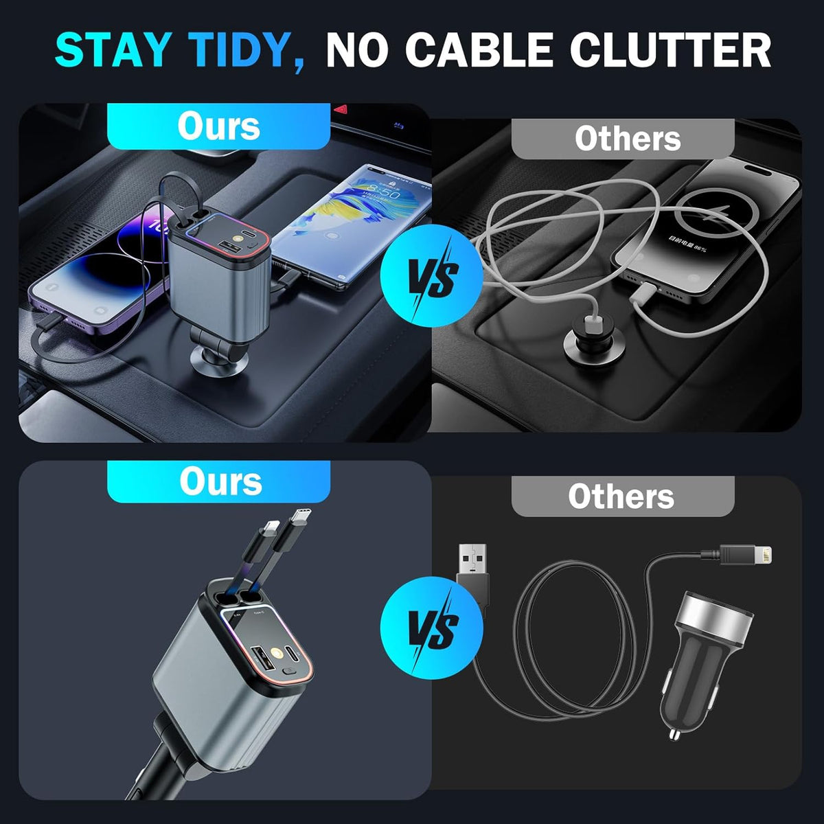 Car Charger with Starlight, 66W USB C Fast Car Chargers Adapter, 4 in 1 Retractable Car Charger with 2 USB Ports Car Phone Chargers for iPhone 16/15/14/13/12/11 and for Android (Dark Grey)