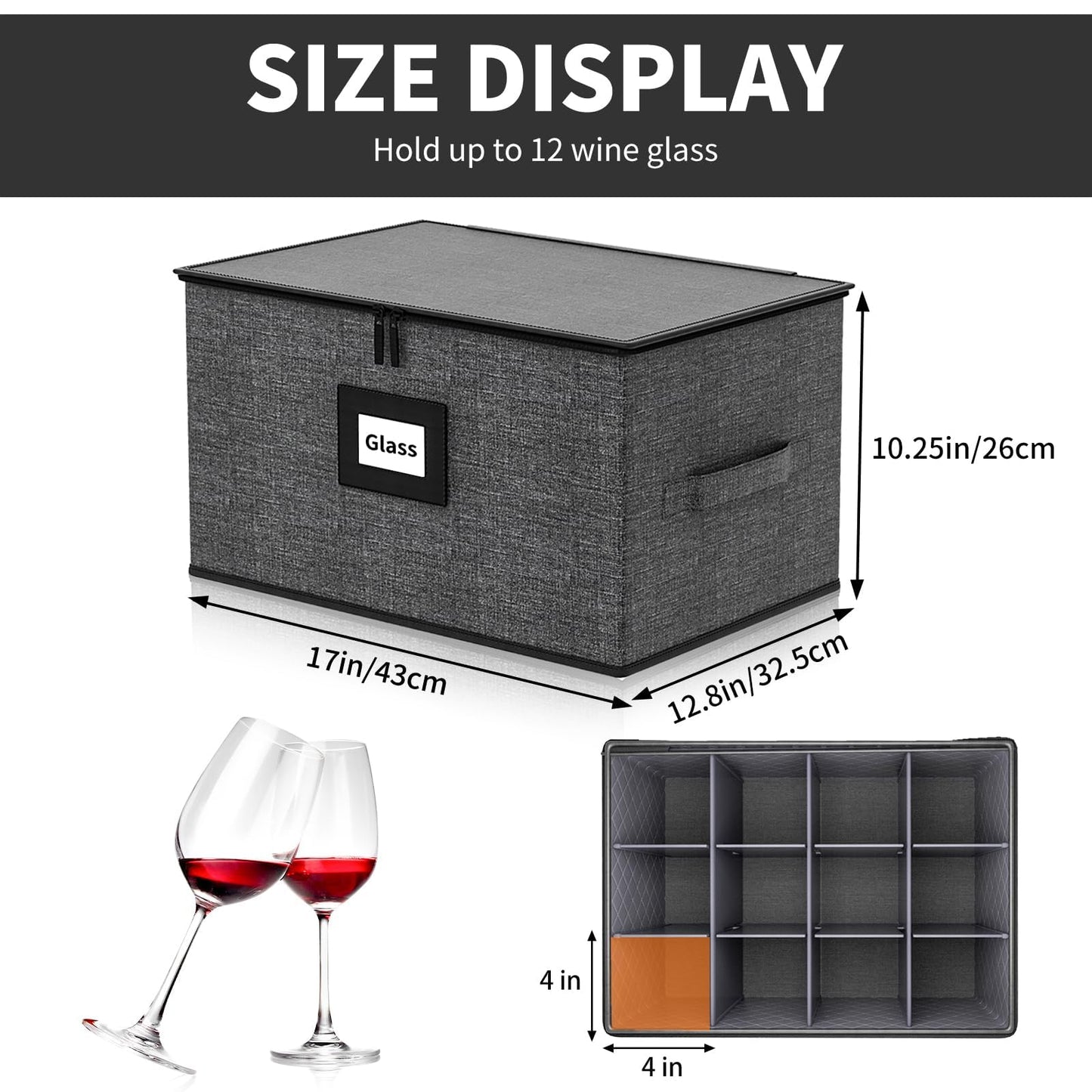 Aokeyee 2-Pack Wine Glass Storage Box with Dividers, Hard Shell Stemware Case Holds 24 Crystal Glasses & Drinkware, for Moving & Protection, Grey