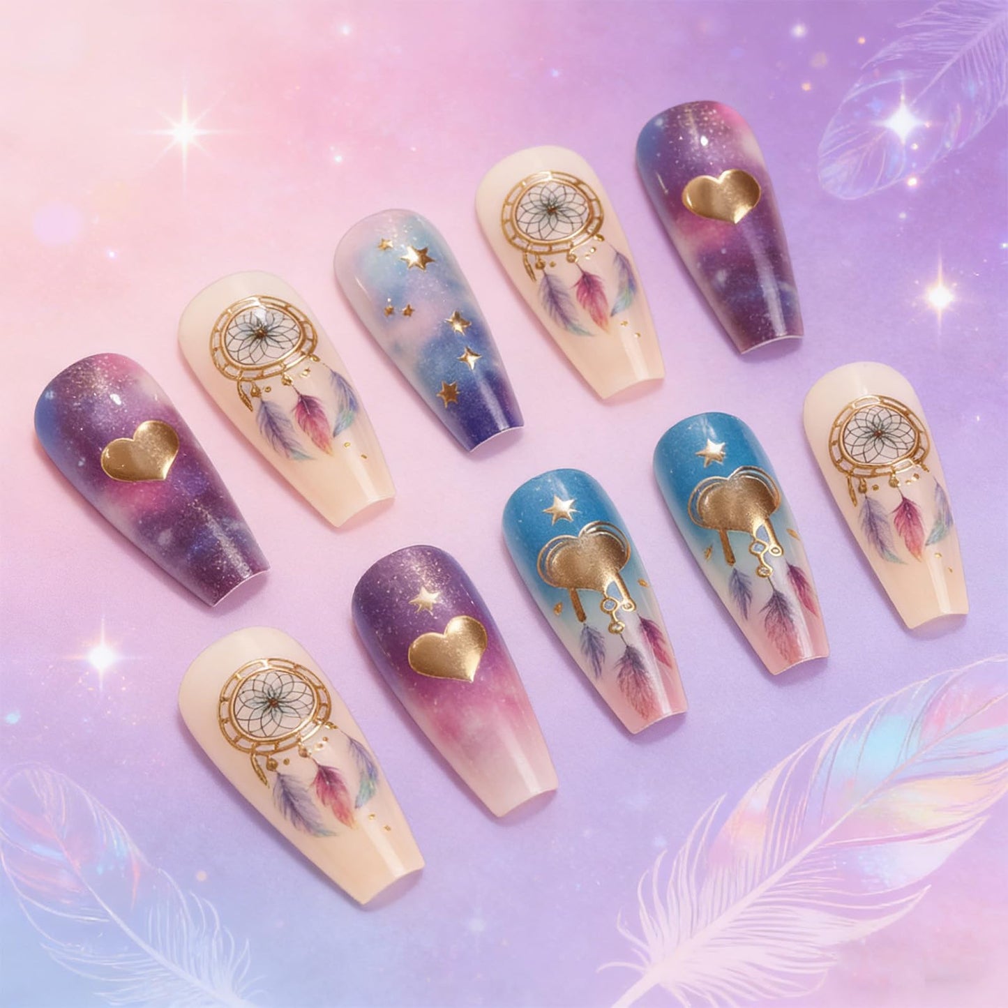 Medium Coffin Press on Nails Boho Chic Fake Nails Cosmic Galaxy False Nails with 3D Gold Heart Star Dream Catcher Designs Reusable Artificial Nail Full Cover Stick on Nails for Women Manicure