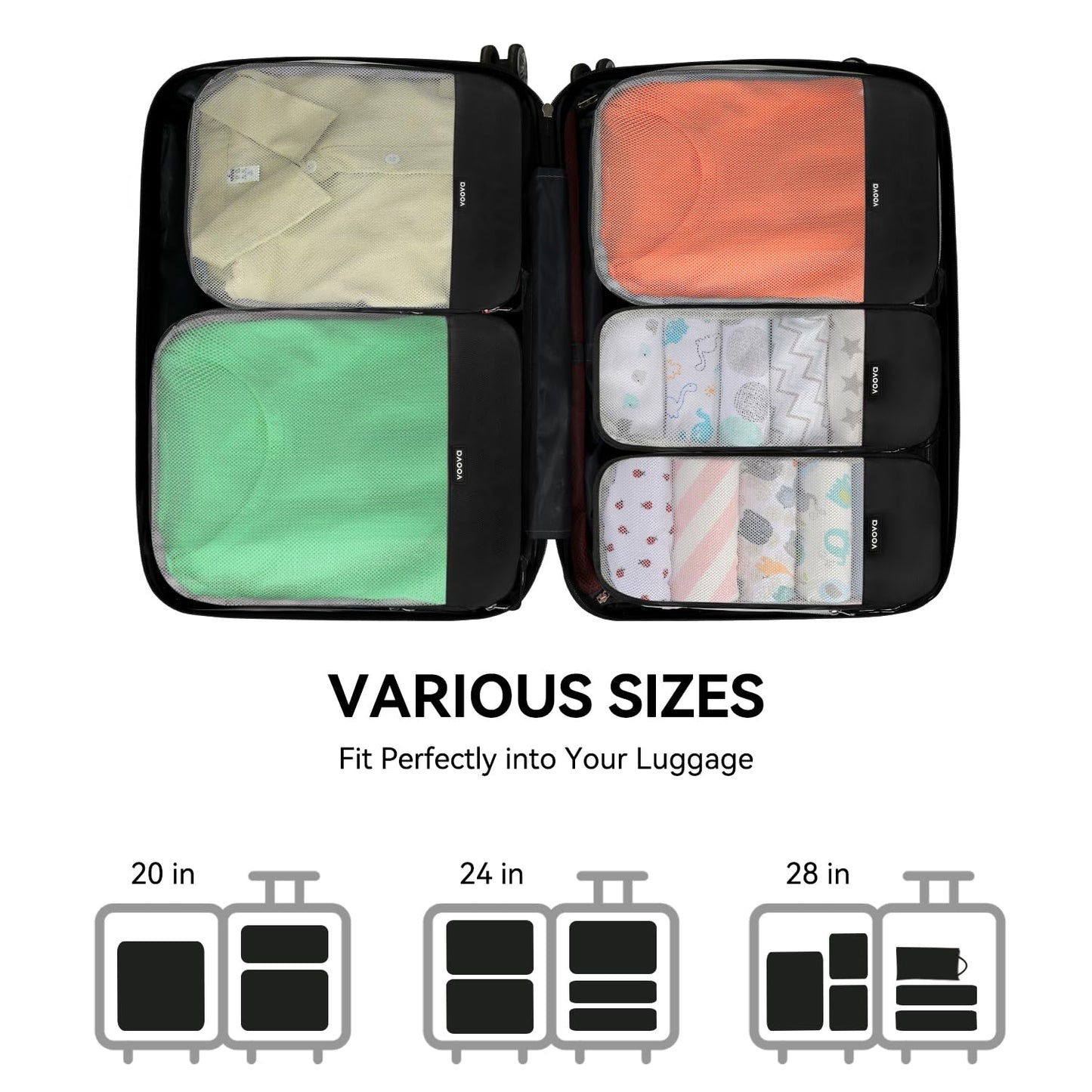 Voova 6 Set Compression Packing Cubes, Travel Accessories Expandable Packing Organizer Bags Set for Carry on Suitcase, Durable Luggage Packing Cubes for Travel Essentials, Black