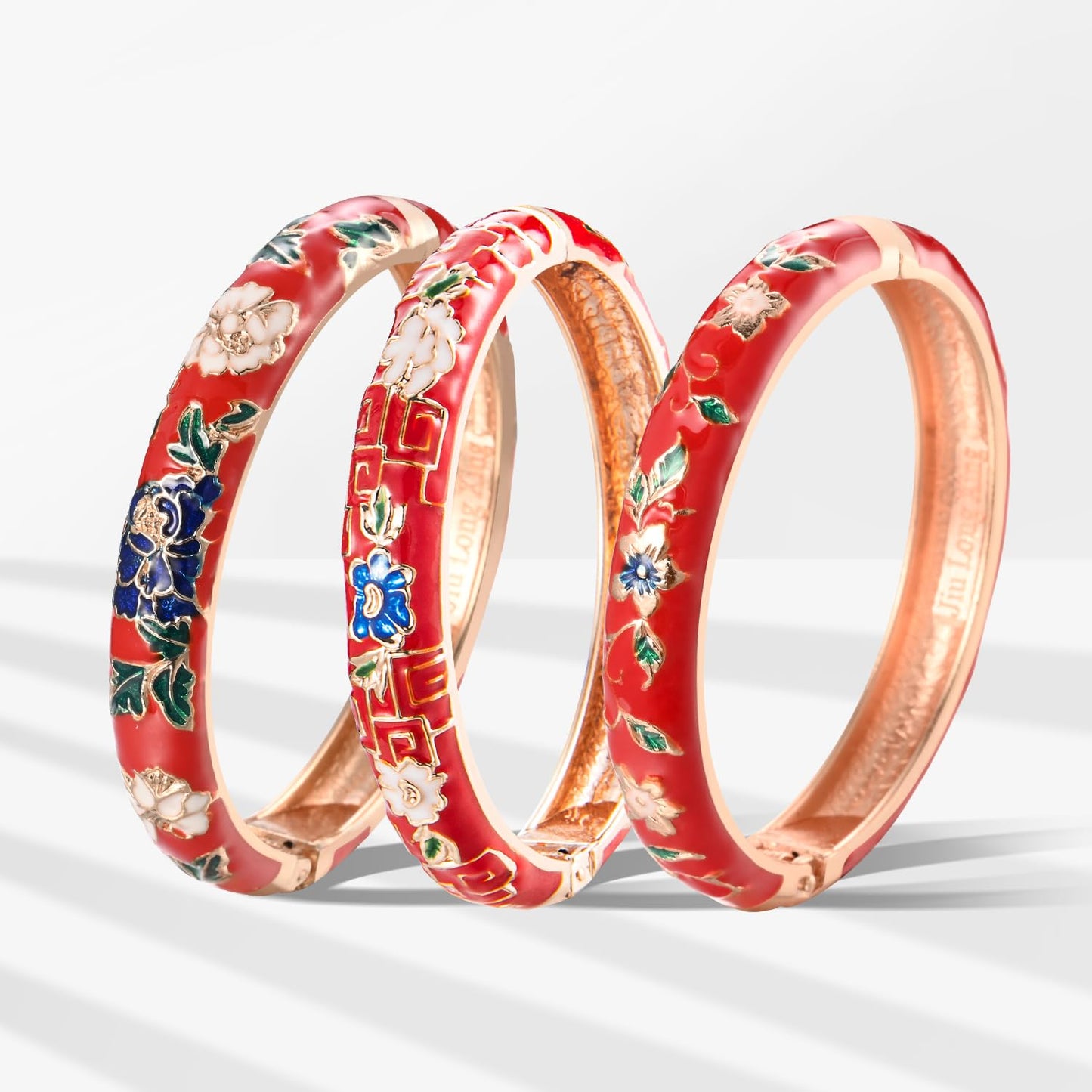 UJOY Womens Enameled Cloisonne Bracelet Gold Plated Flower Enameled Hinged Cuff Bangles Jewelry Gift 55A-3PCS red