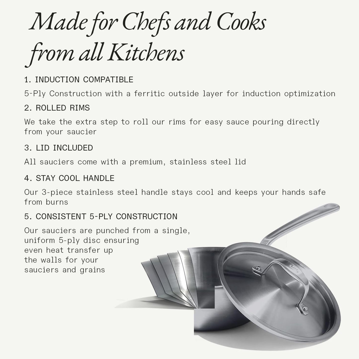 Made In Cookware | 2 Quart Stainless Steel Saucier Pan | 5 Ply Stainless Clad | Professional Cookware | Crafted in Italy | Induction Compatible