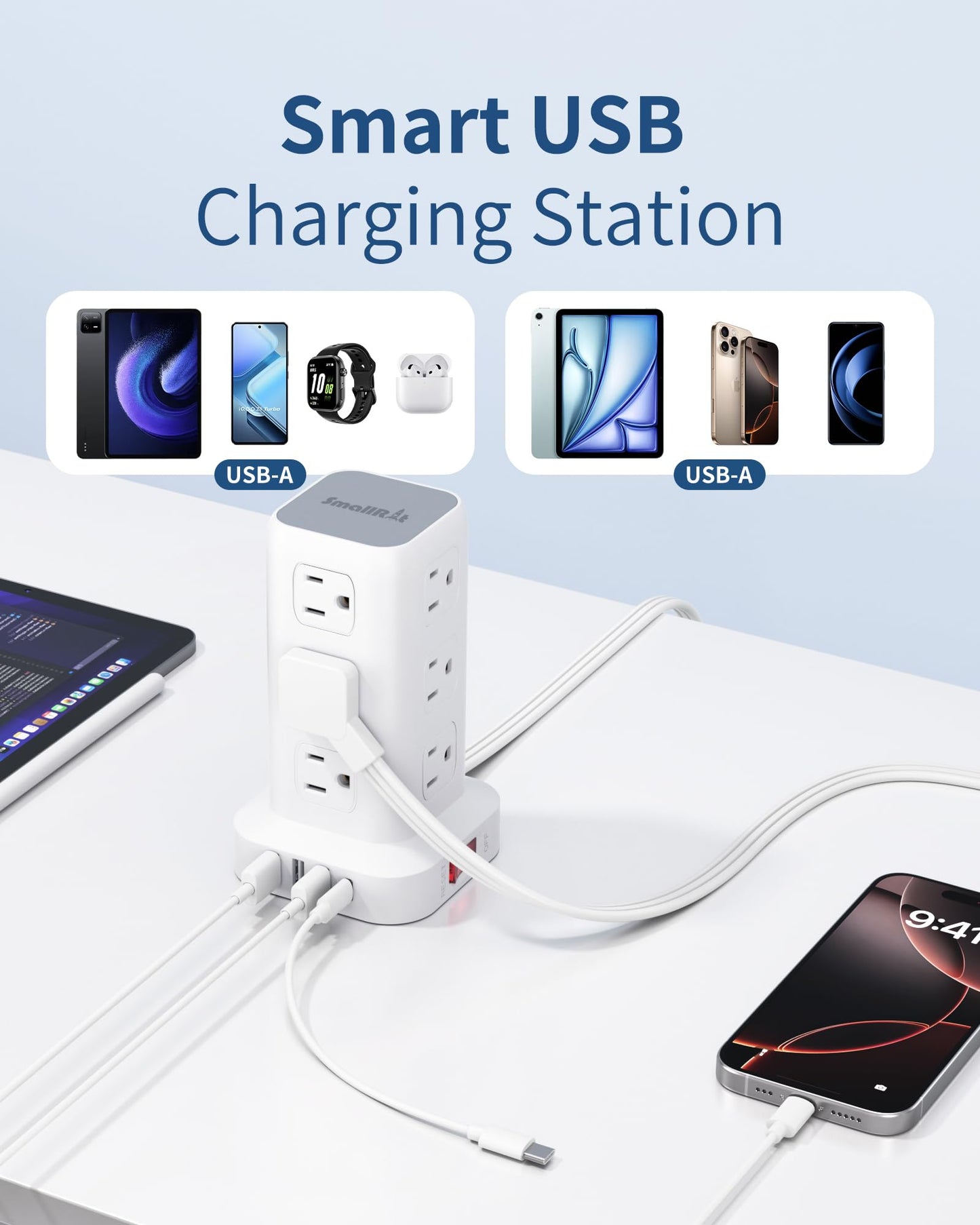 Extension Cord with Multiple Outlets, SMALLRT Flat Plug Surge Protector Power Strip Tower with USB 12 AC Outlets, 6.5FT Ultra Thin Extension Cord Outlet Extender for Home Office, Overload Protection