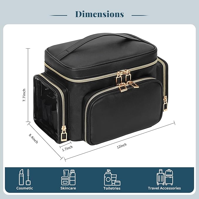 Large Makeup Bag with LED Mirror, Travel Makeup Bag Organizer for Women Girls with Makeup Brush Compartment & Two Side Pockets, 3 Color Lights Cosmetic Toiletry Bag- Leather Black