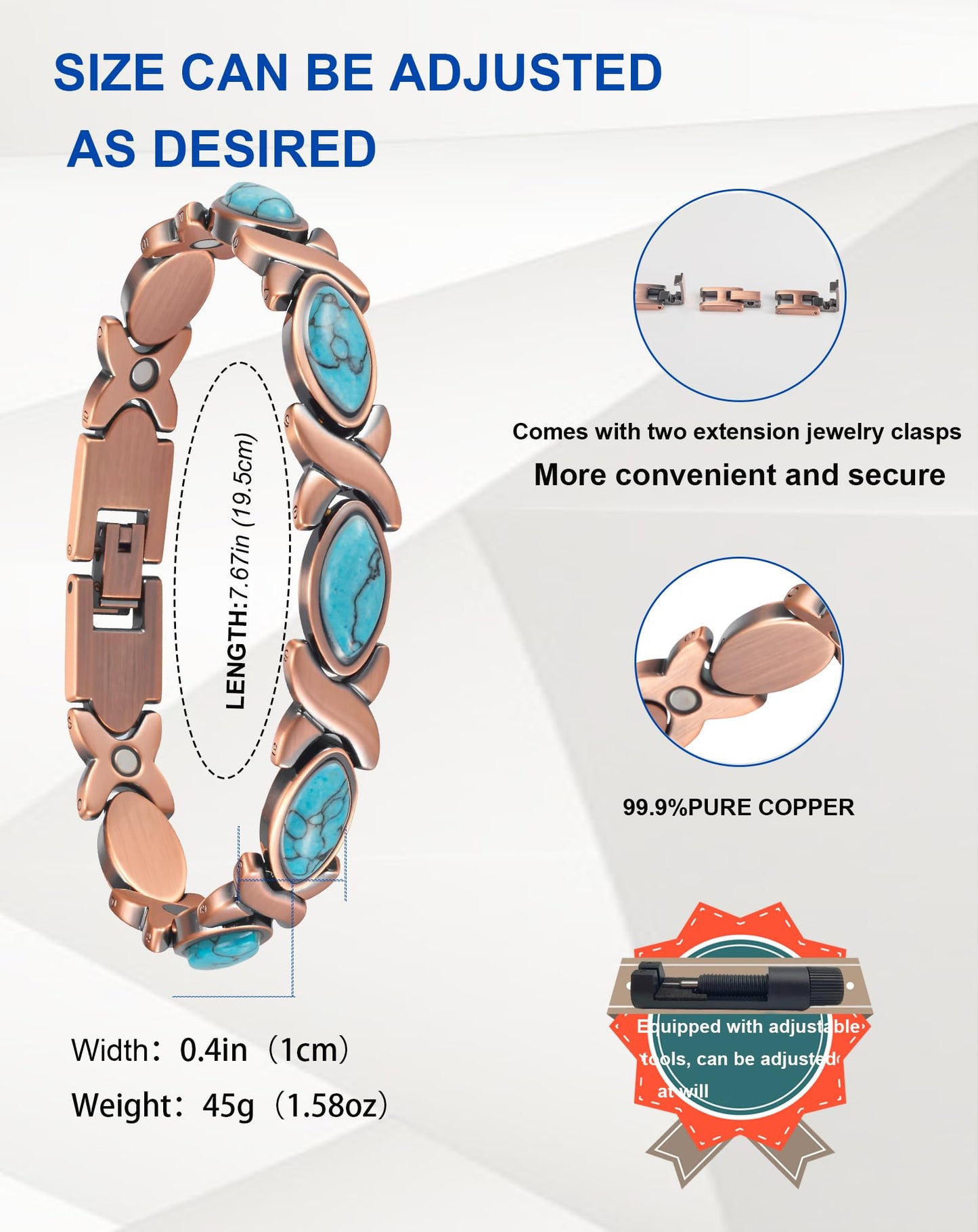 MagSølv Copper Bracelets for Women, Handmade 99% Pure Copper Adjustable Magnetic Jewelry with 3500 Gauss Magnets & Turquoise