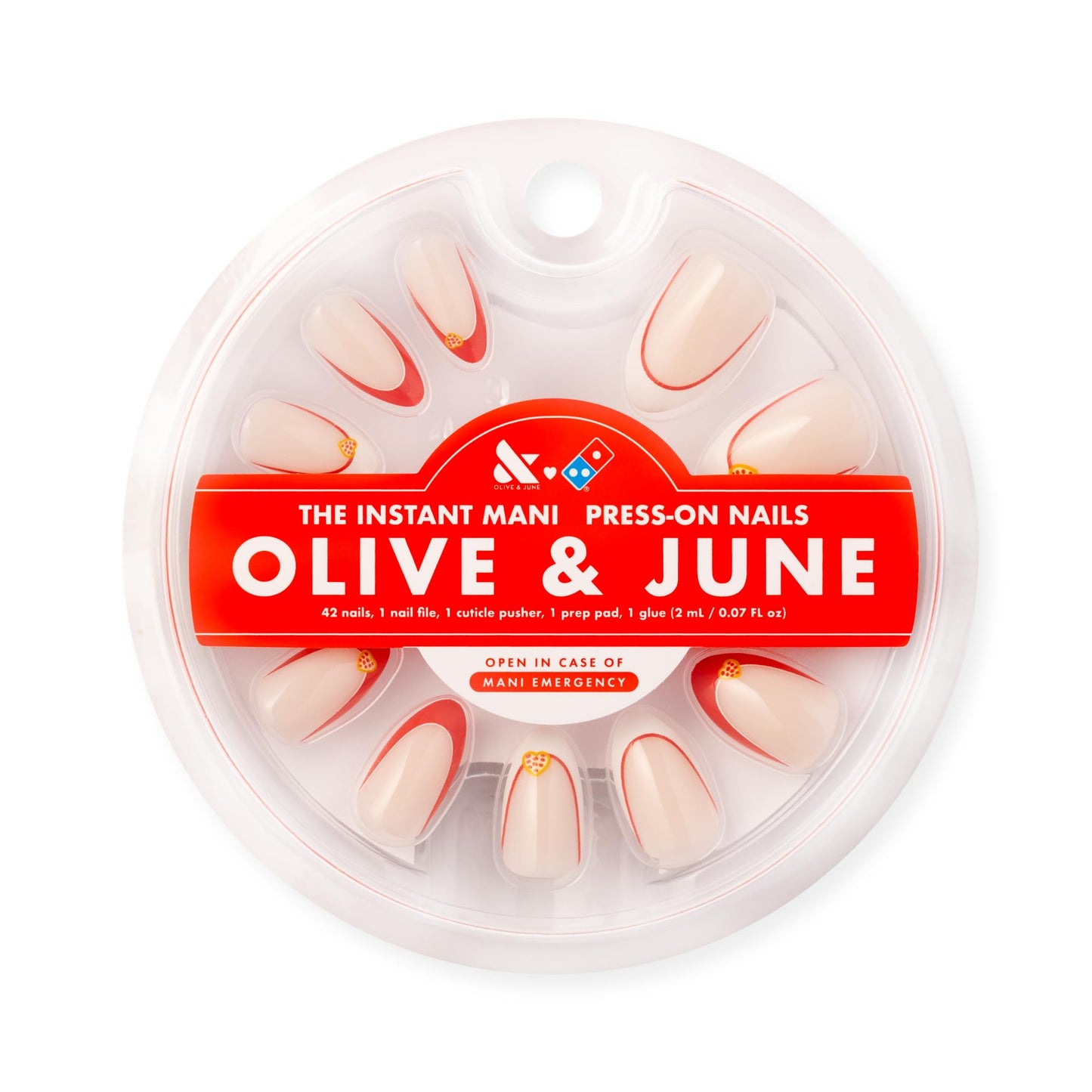 Olive & June Instant Mani Press-On Nails (Glue) | 42 Fake Nails, 21 Sizes | Non-Toxic, Long-Lasting Recycled Materials Realistic Look | Salon-Quality at Home | Medium, Almond | I Heart Pizza French