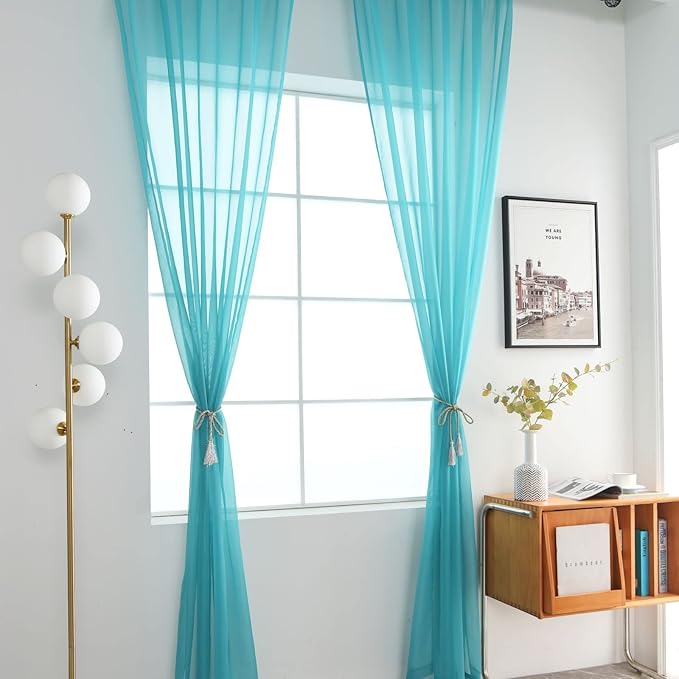 SpaceDresser Sheer Voile Window Treatment Rod Pocket Curtain Panels for Kitchen Bedroom Living Room Drapes Sunlight Filtering Privacy Semi Home Decor Assorted Colors Sizes (Turquoise, 52 W x 54 L)