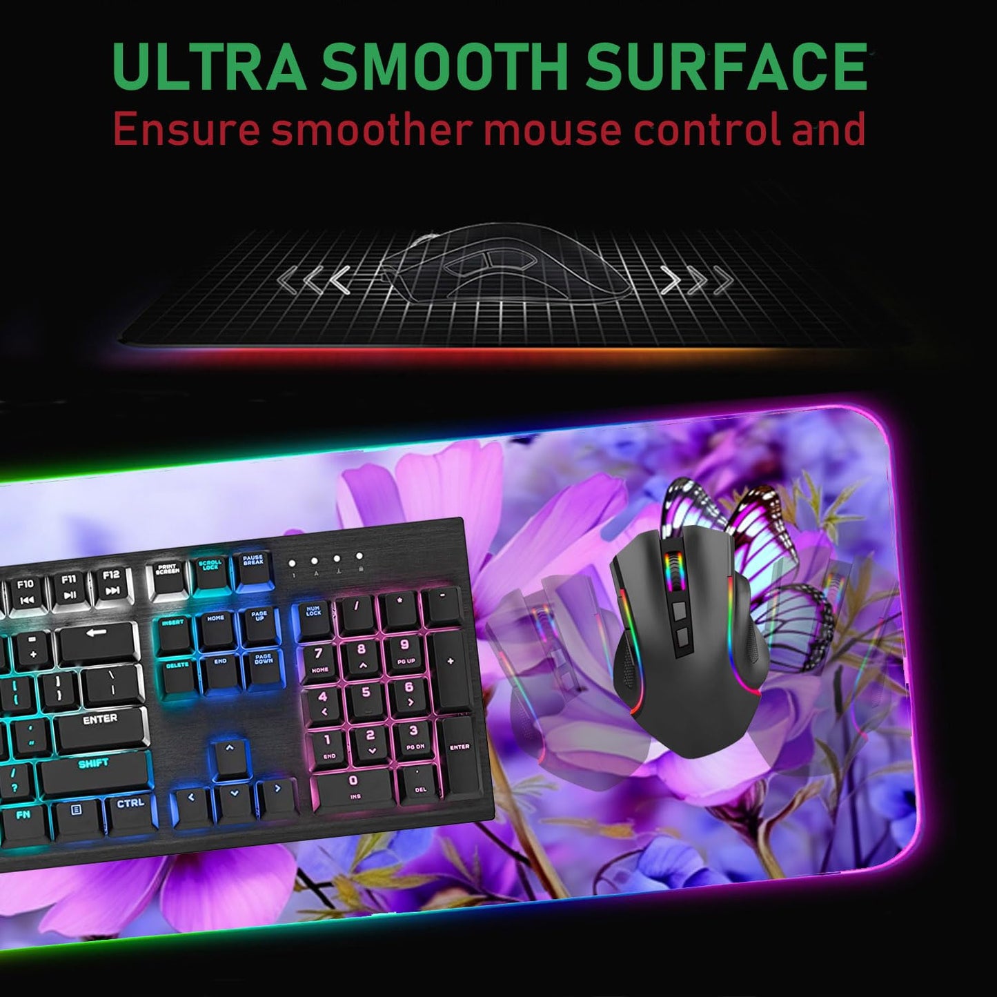 Bosness RGB Gaming Mouse Pad and Coffee Coaster, XXL Large Glowing LED Mousepad, Anti-Slip Rubber Base, Computer Keyboard Desk Mouse Mat 31.5 X 11.8 Inch - Purple Flowers and Butterfly