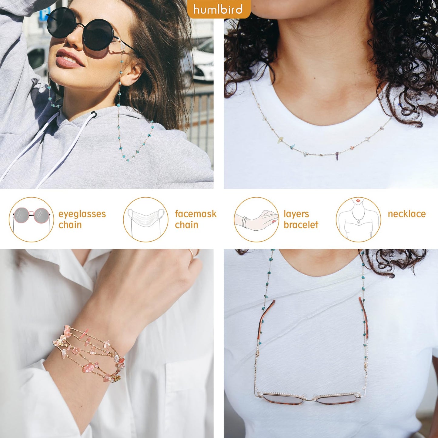 humlbird Eyeglass Chains for Women Stylish Glasses Lanyard Sunglass Chain Natural Crystal Mask Chain Eye Glasses Strap Pink-1