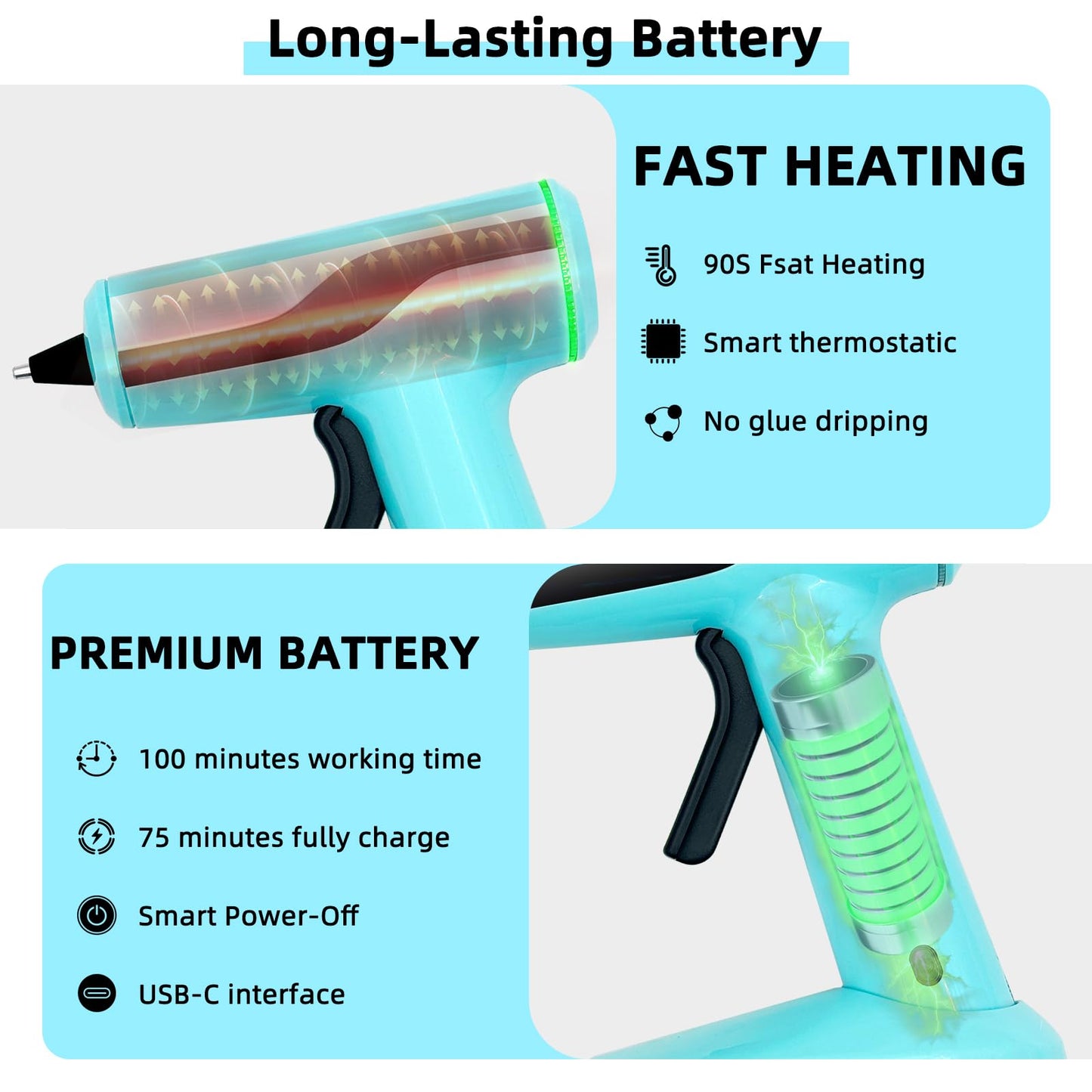 Cordless Hot Glue Gun, Rechargeable Hot Melt Glue Gun 2Ah Built-in Battery Smart Power-Off, Mini Glue Gun Kit with 30pcs Premium Glue Sticks, 10pcs Wood Craft Sticks, Case for DIY, Arts &Crafts